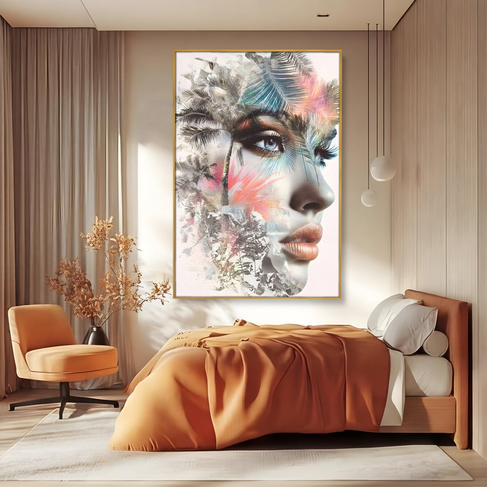 Tablou canvas cu tablou canvas cu portret feminin si palmieri, in rama de aluminiu auriu, pe perete intr-un dormitor