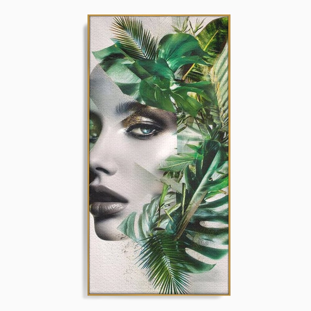 Tablou canvas cu tablou canvas cu portret de femeie si frunze tropicale, in rama de aluminiu auriu