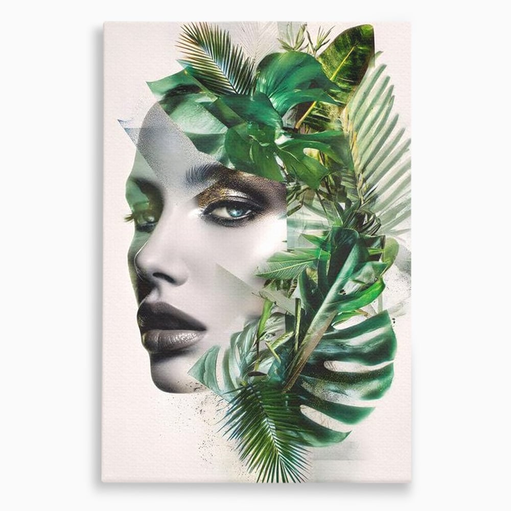 Tablou canvas cu tablou canvas cu portret de femeie si frunze tropicale, fara rama, pe sasiu de lemn