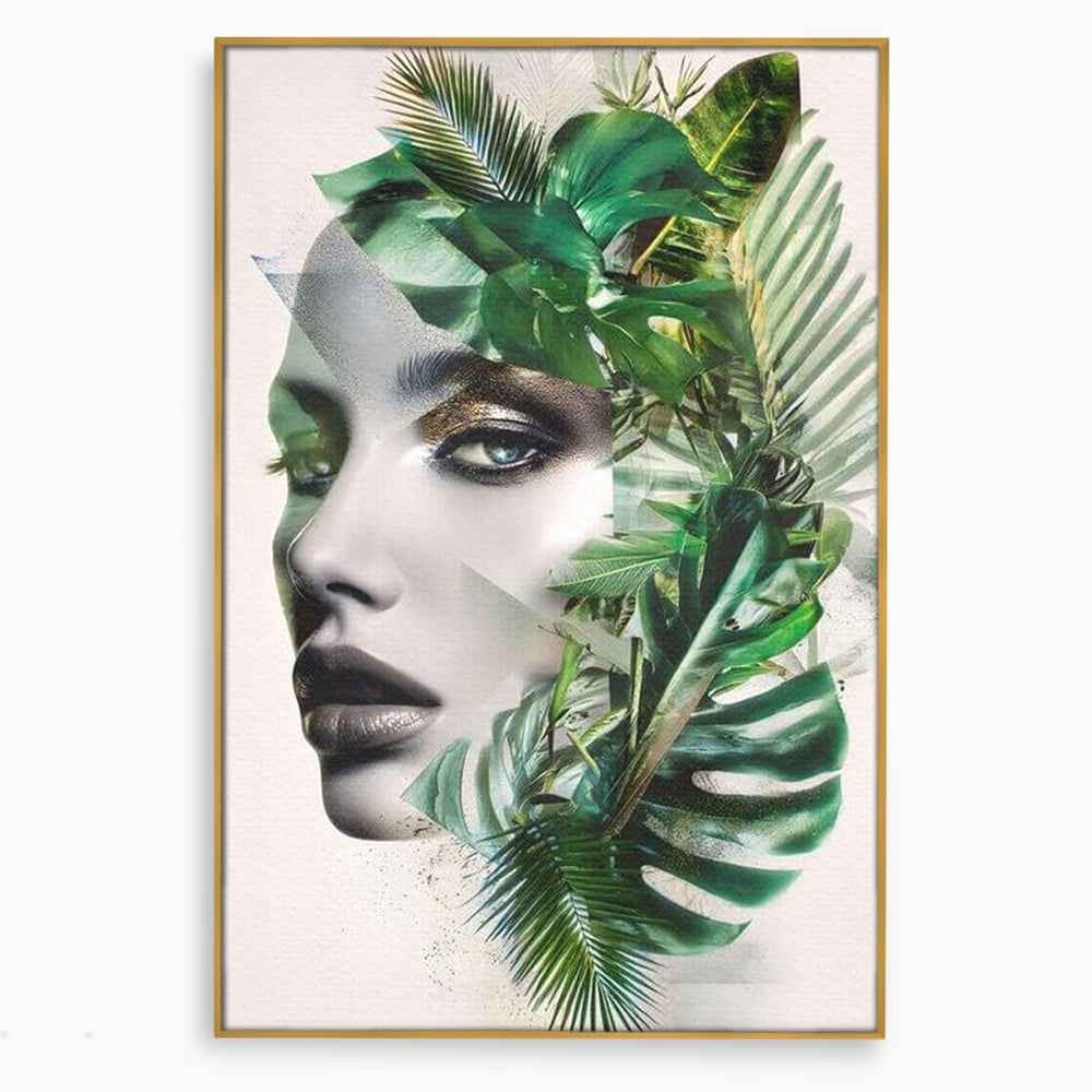 Tablou canvas cu tablou canvas cu portret de femeie si frunze tropicale, in rama de aluminiu auriu
