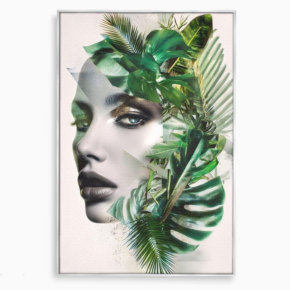 Tablou canvas cu tablou canvas cu portret de femeie si frunze tropicale, in rama de aluminiu argintiu