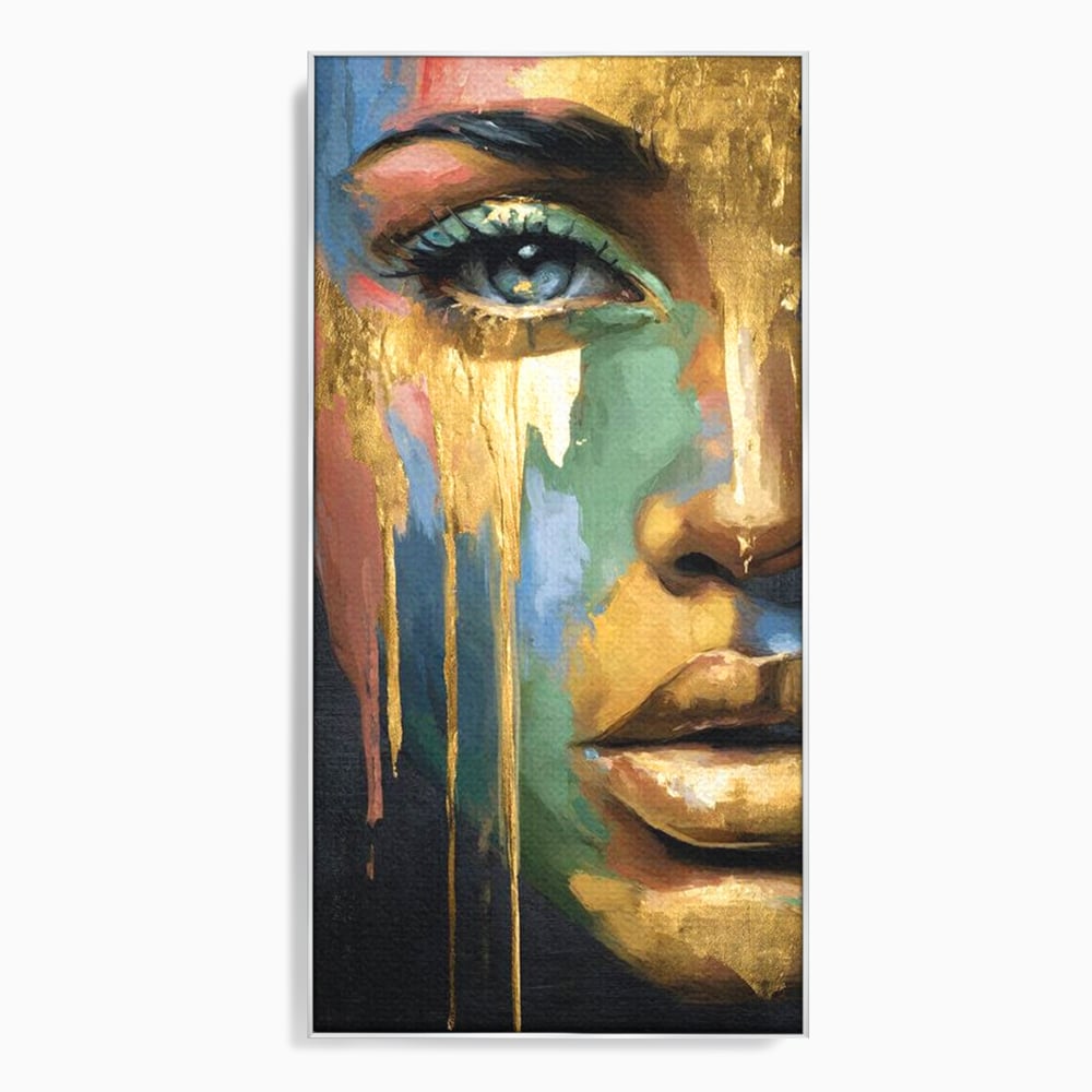 Tablou canvas cu tablou canvas cu chip de femeie si foita de aur, in rama de aluminiu argintiu