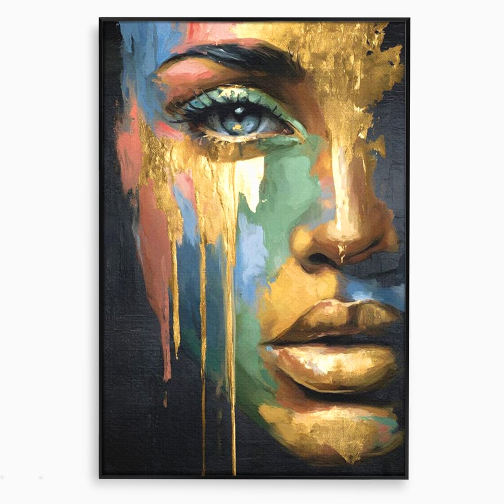 Tablou canvas cu tablou canvas cu chip de femeie si foita de aur, in rama de aluminiu negru