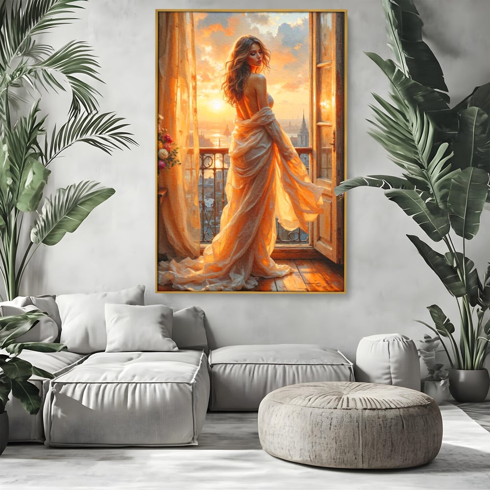 Tablou canvas cu tablou canvas cu femeie la fereastra, in rama de aluminiu auriu, pe perete intr-un living