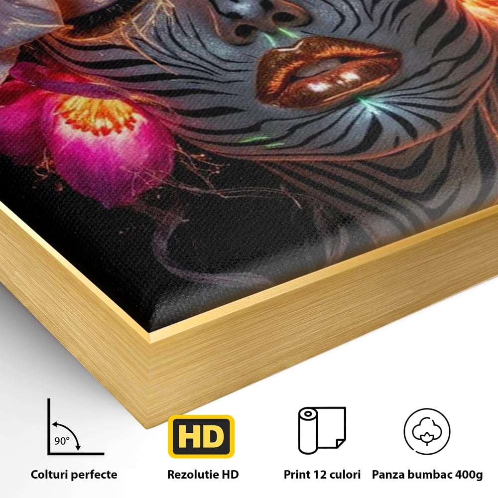Detaliu al suprafetei: tablou canvas cu femeie si flori neon, in rama de aluminiu auriu