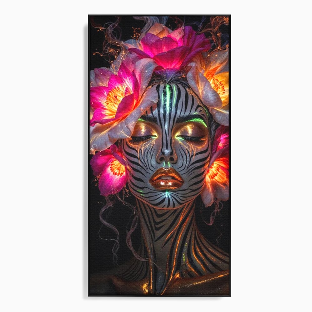 Tablou canvas cu tablou canvas cu femeie si flori neon, in rama de aluminiu negru