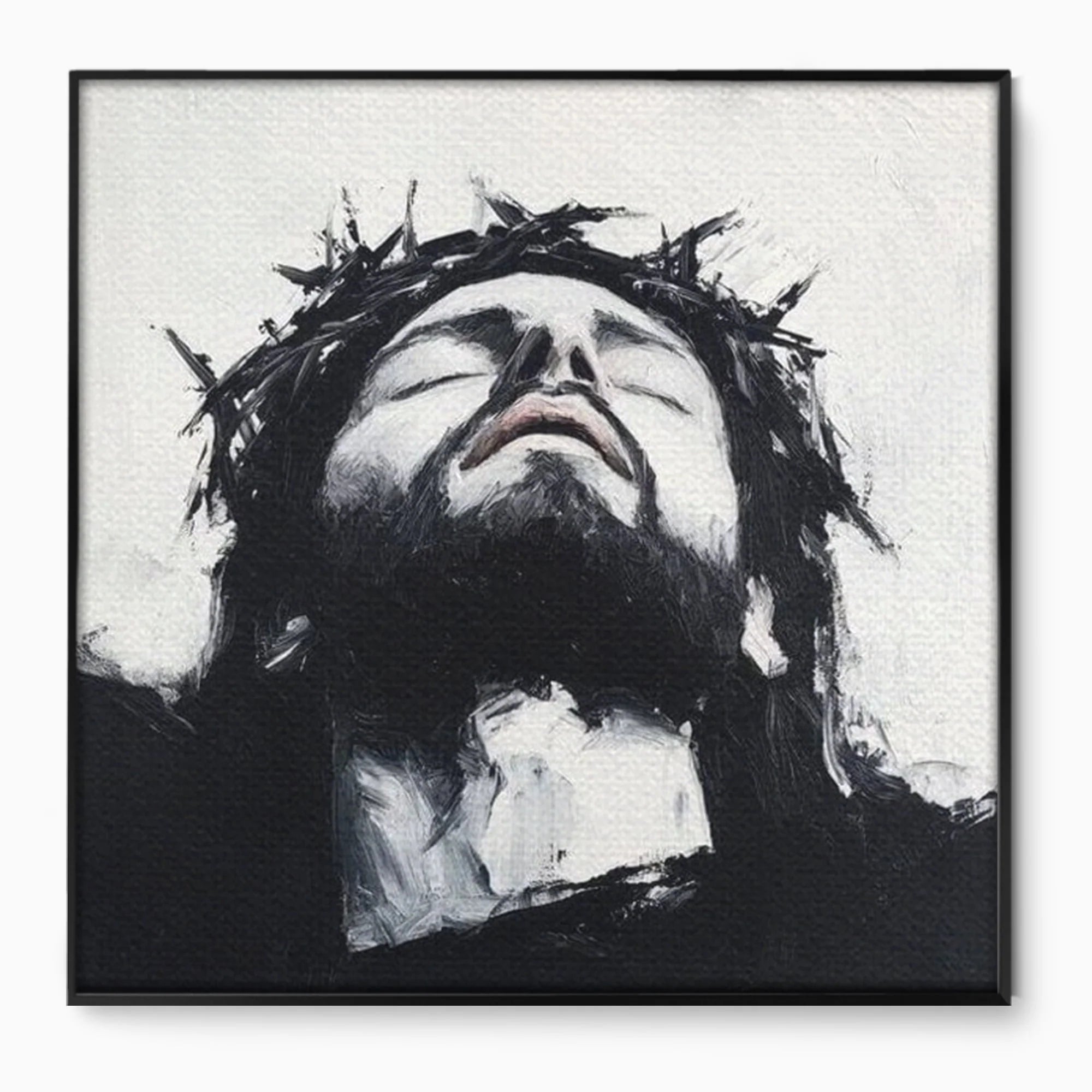 Tablou canvas cu tablou canvas cu pictura barbatului cu coroana de spini, in rama de aluminiu negru