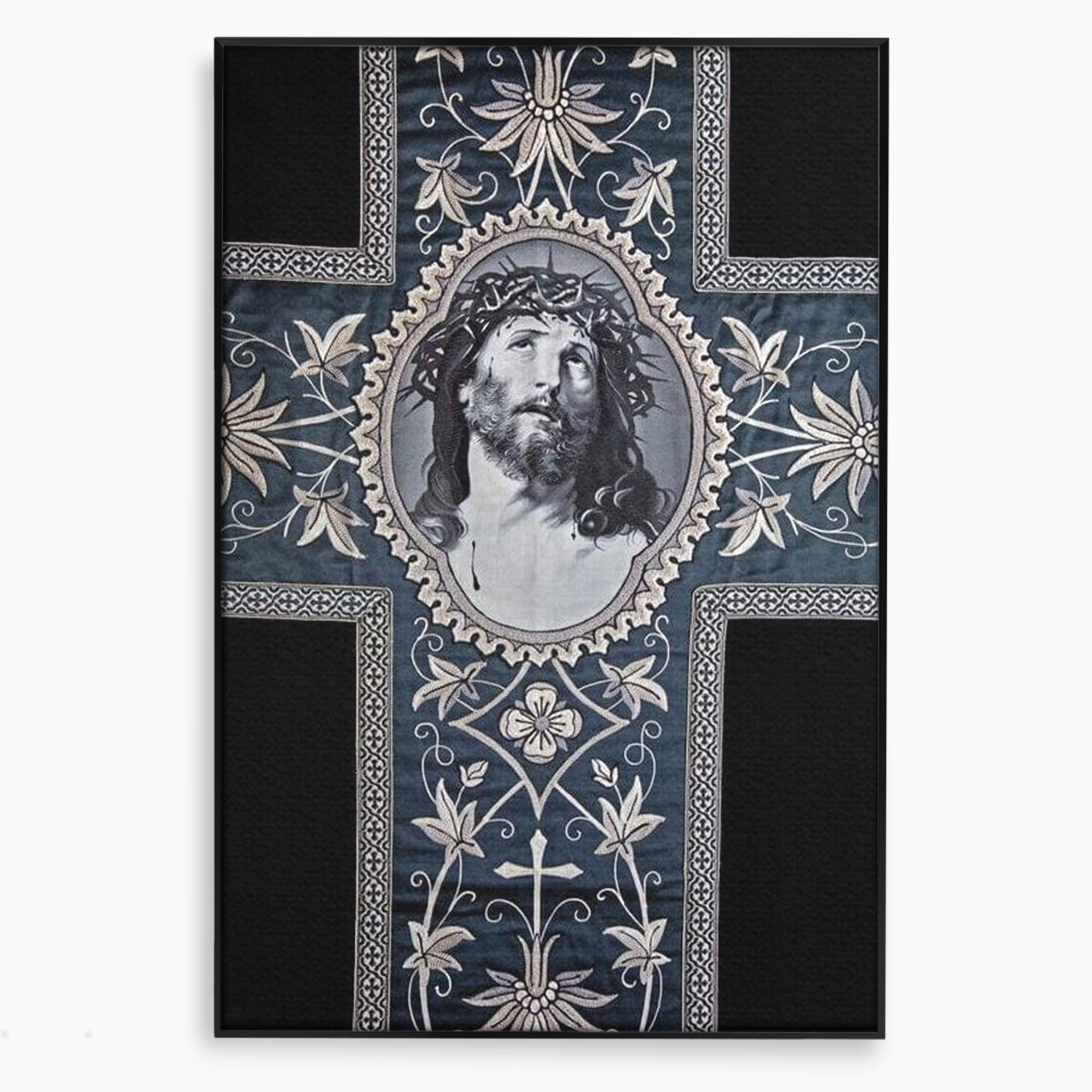 Tablou canvas cu tablou canvas cu chipul mantuitorului pe cruce, in rama de aluminiu negru