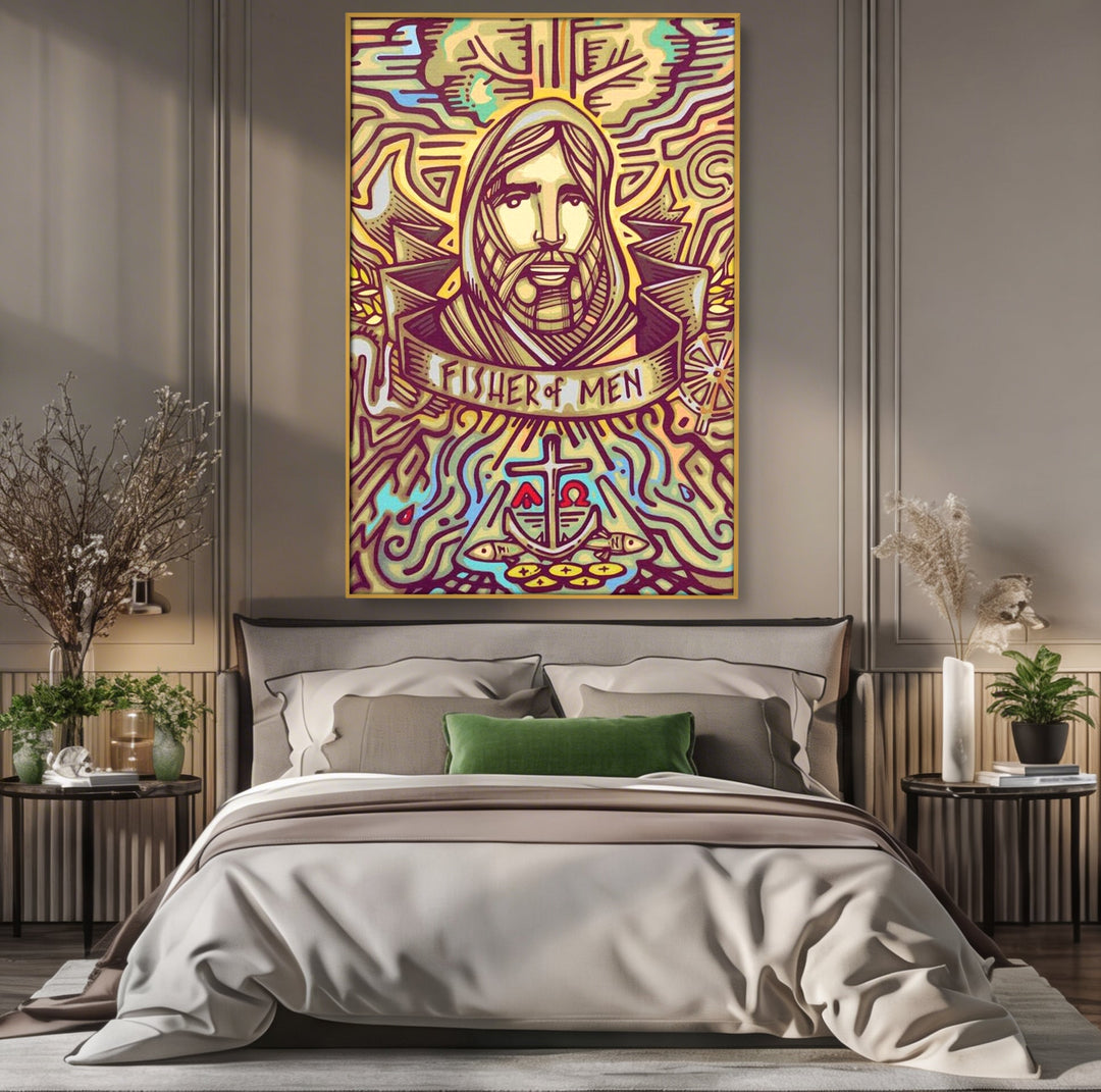 Tablou canvas cu tablou canvas cu portretul lui iisus, in rama de aluminiu auriu, pe perete intr-un dormitor