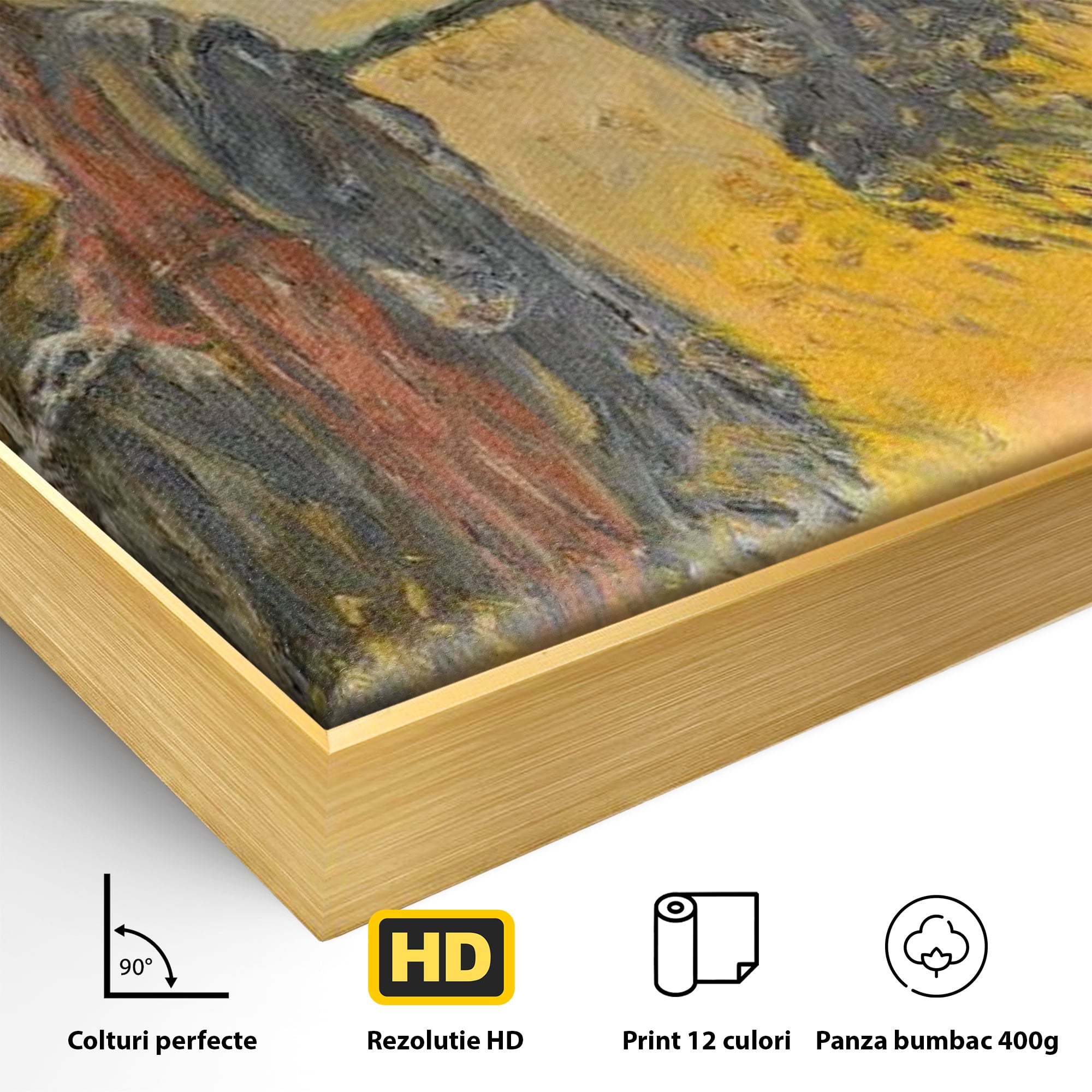 Detaliu al suprafetei: tablou canvas cu isus si apostolii pe drum, in rama de aluminiu auriu