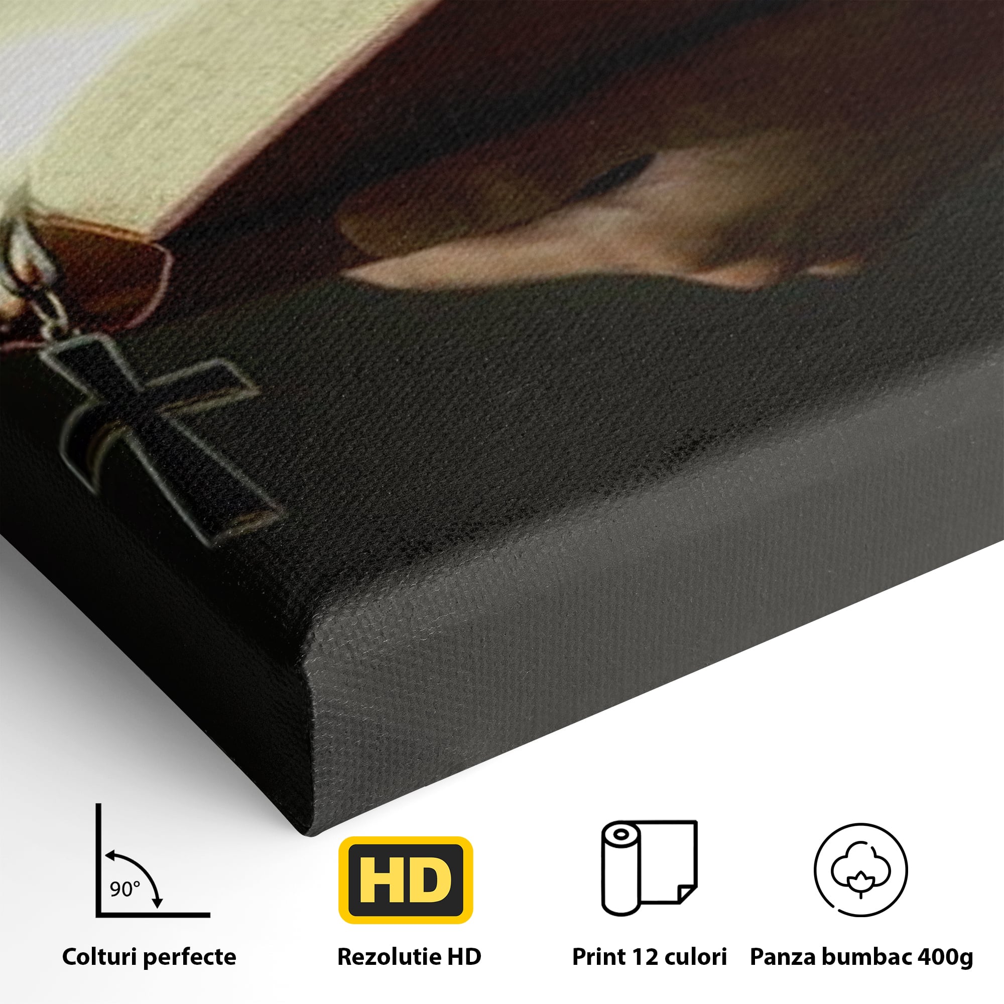 Detaliu al suprafetei: tablou canvas cu biblie deschisa si cruce, fara rama, pe sasiu de lemn