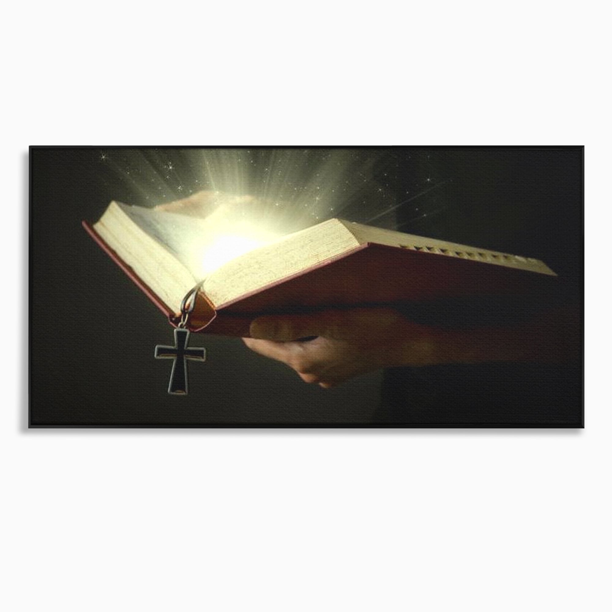 Tablou canvas cu tablou canvas cu biblie deschisa si cruce, in rama de aluminiu negru