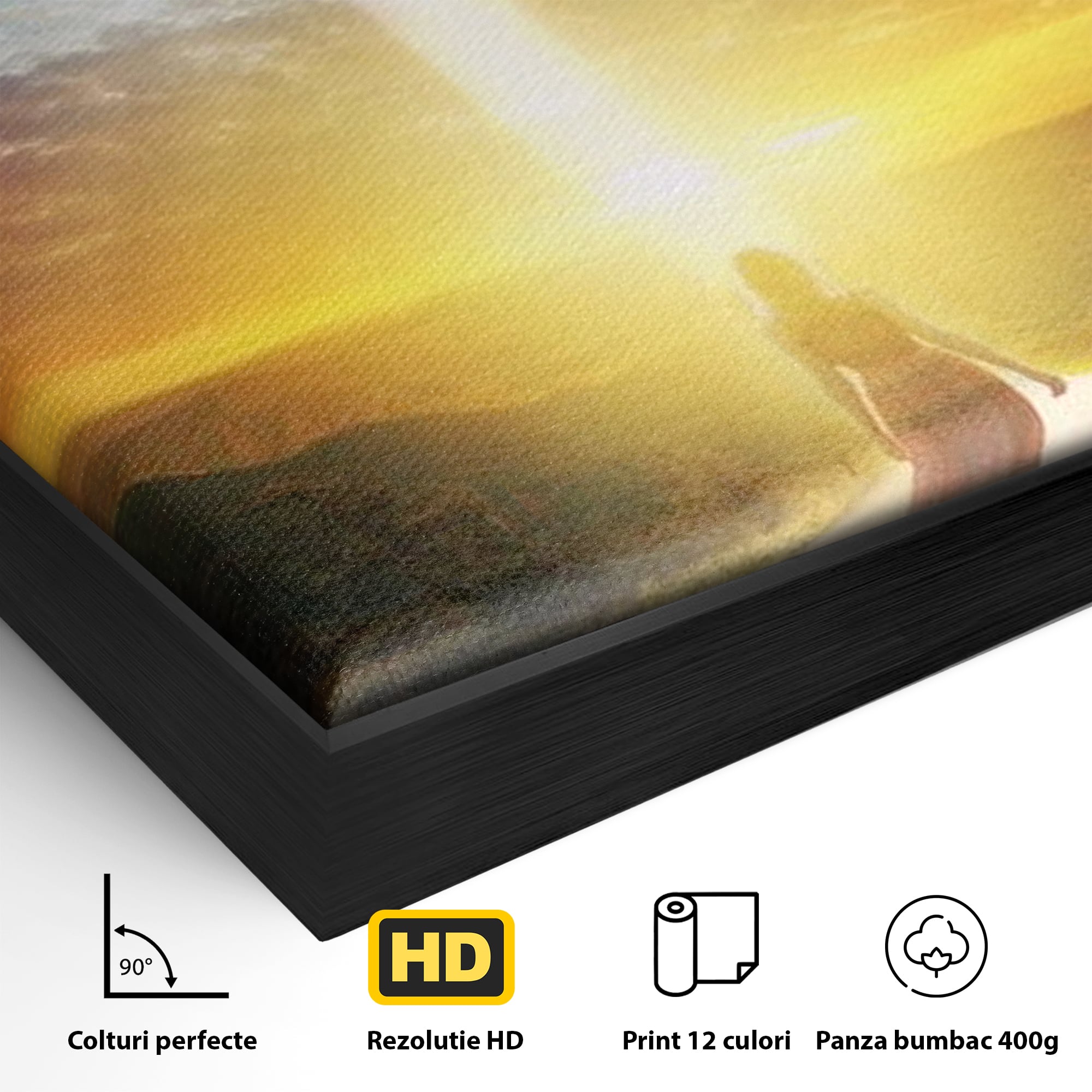 Detaliu al suprafetei: tablou canvas cu o femeie pe drum spre o cruce luminoasa, in rama de aluminiu negru