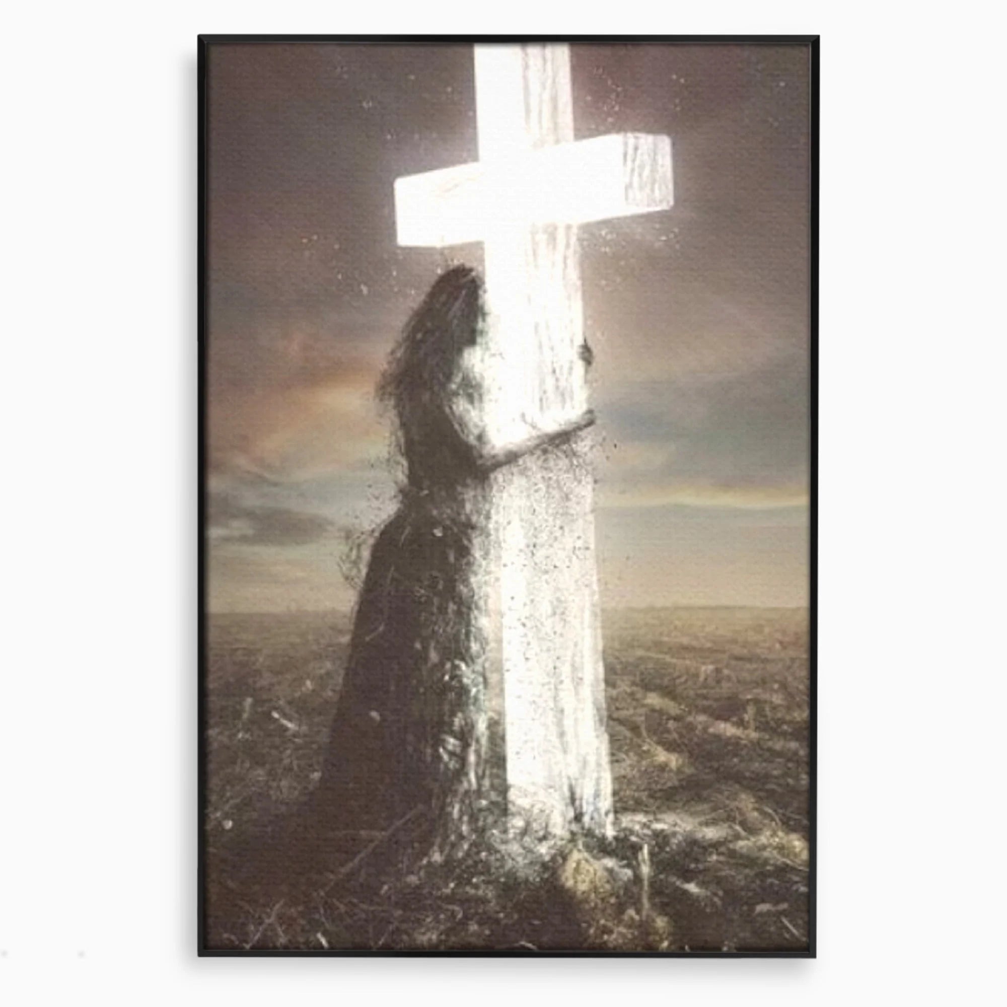 Tablou canvas cu ilustratie digitala femeie imbratisand crucea, in rama de aluminiu negru