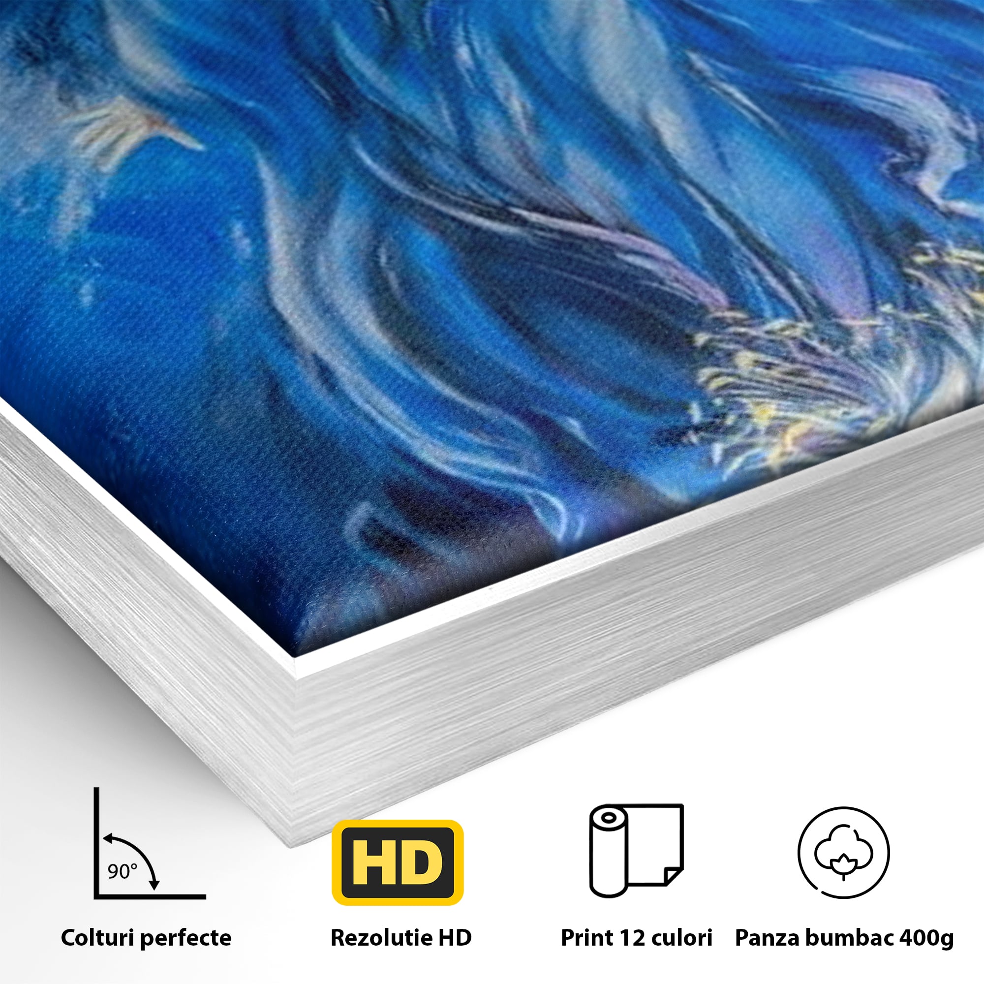 Detaliu al suprafetei: tablou canvas cu inger albastru, in rama de aluminiu argintiu