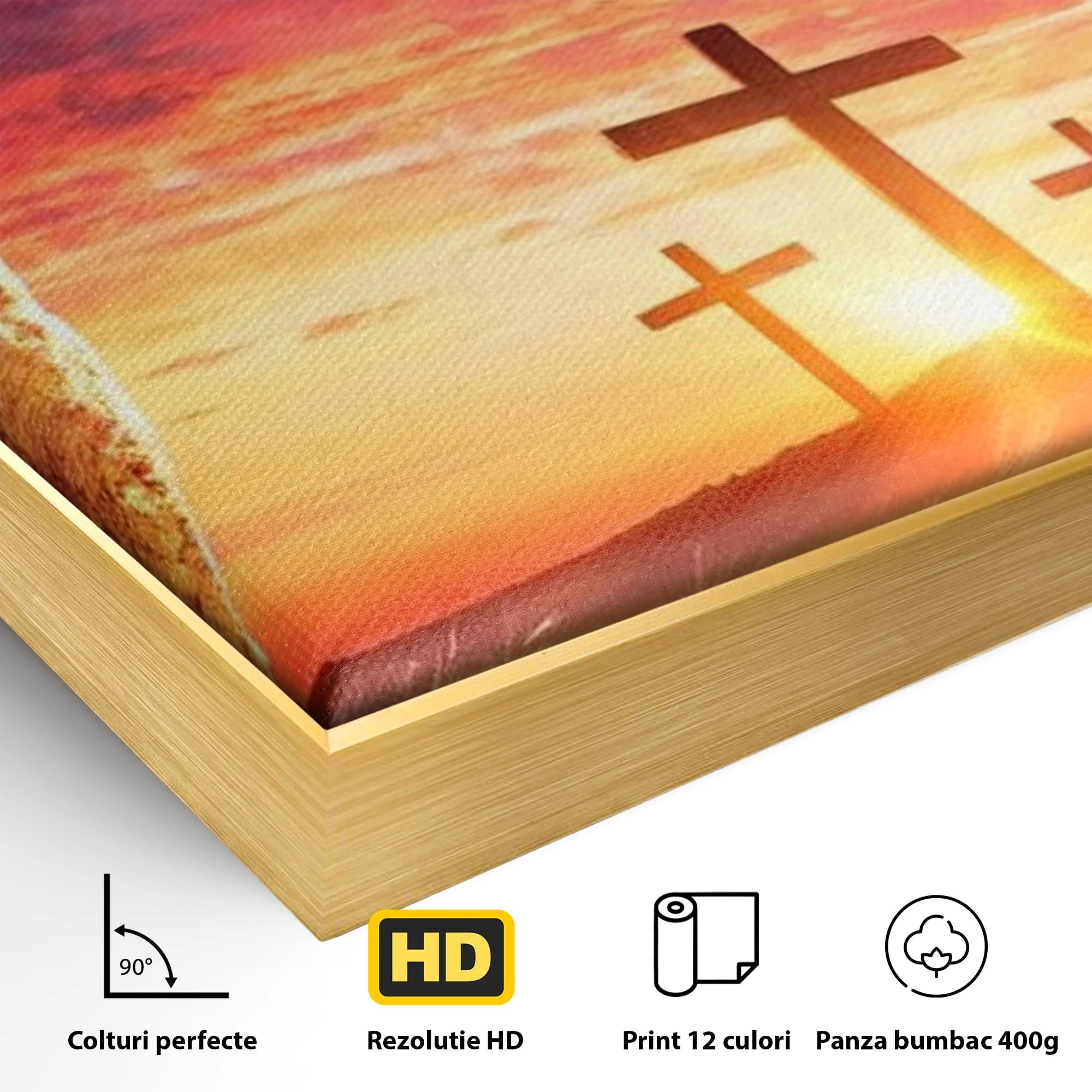 Detaliu al suprafetei: tablou canvas cu trei cruci la rasarit, in rama de aluminiu auriu