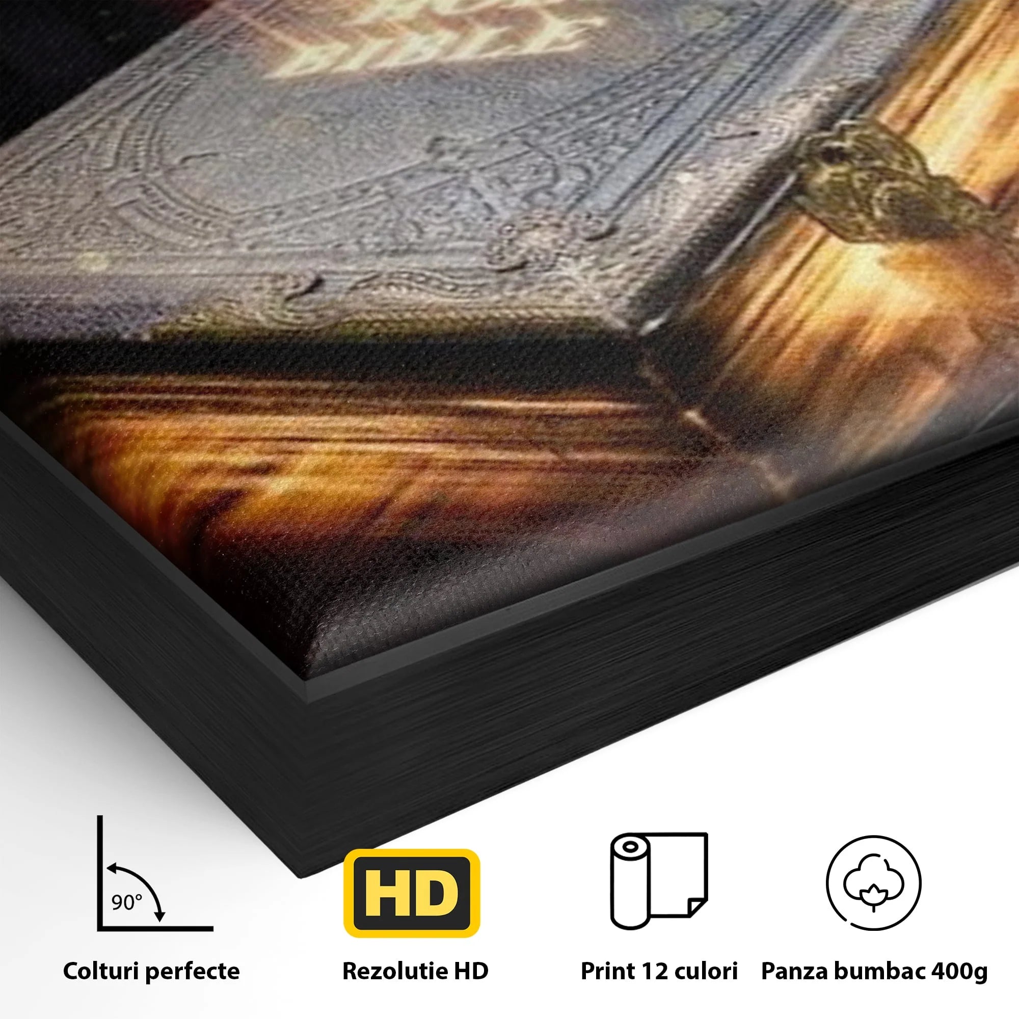 Detaliu al suprafetei: ilustratie digitala cu o carte sacra stralucitoare, in rama de aluminiu negru