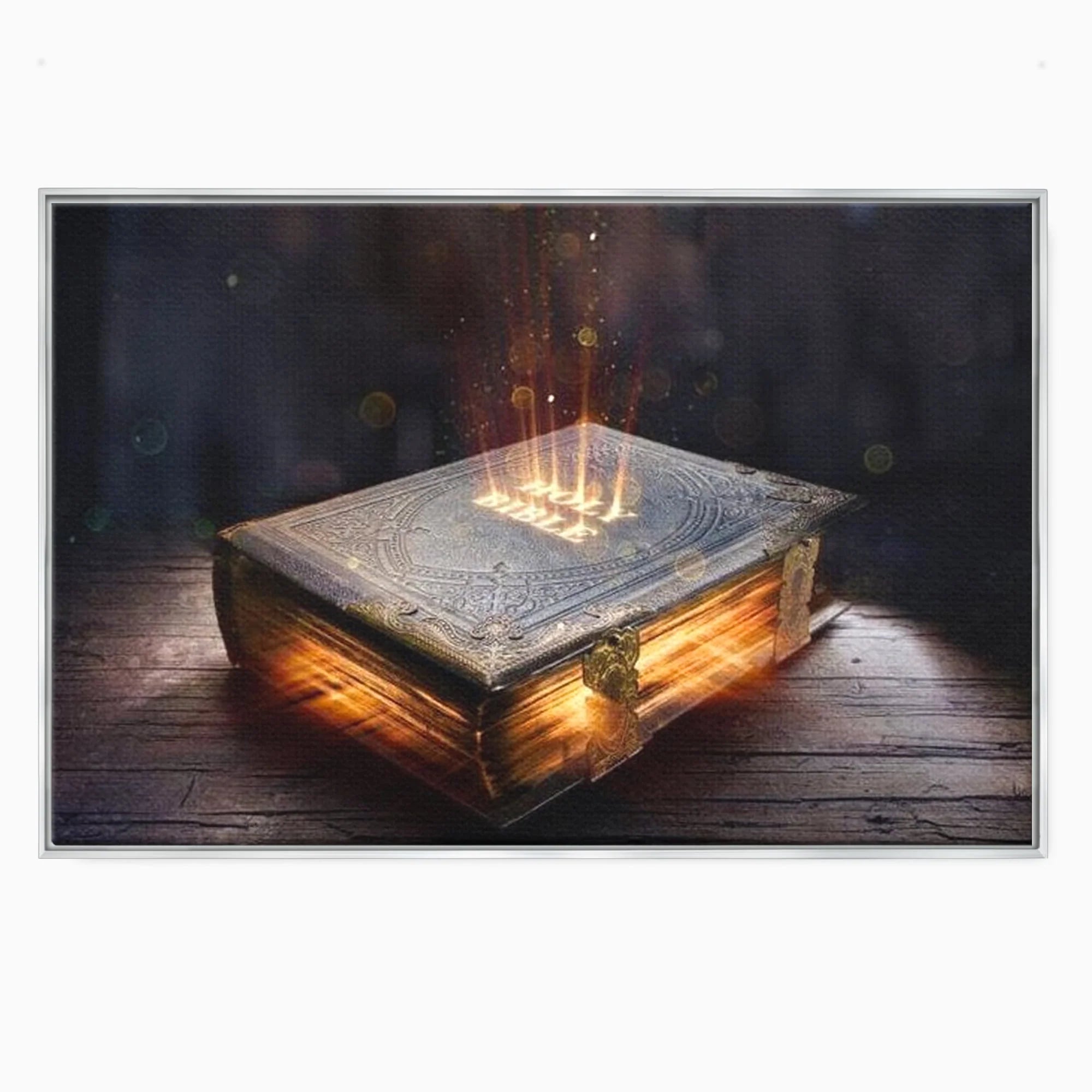 Tablou canvas cu ilustratie digitala cu o carte sacra stralucitoare, in rama de aluminiu argintiu