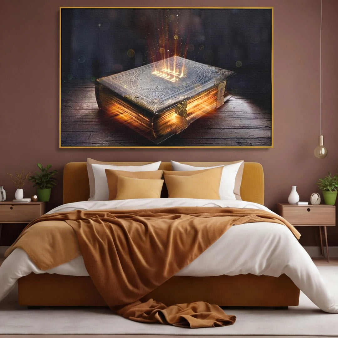 Tablou canvas cu ilustratie digitala cu o carte sacra stralucitoare, in rama de aluminiu auriu, pe perete intr-un dormitor