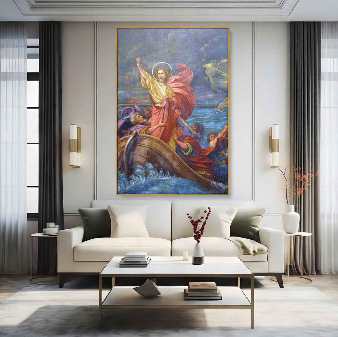 Tablou canvas cu tablou canvas cu iisus calcand pe ape, in rama de aluminiu auriu, pe perete intr-un living