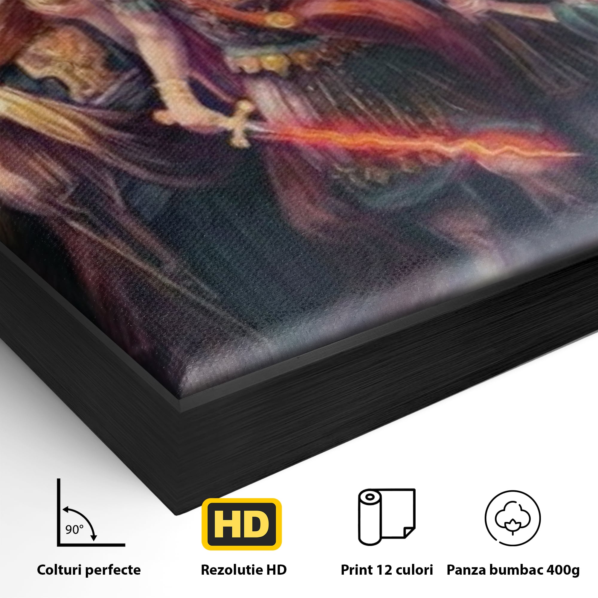 Detaliu al suprafetei: tablou canvas cu sapte arhangheli si sabie luminata, in rama de aluminiu negru