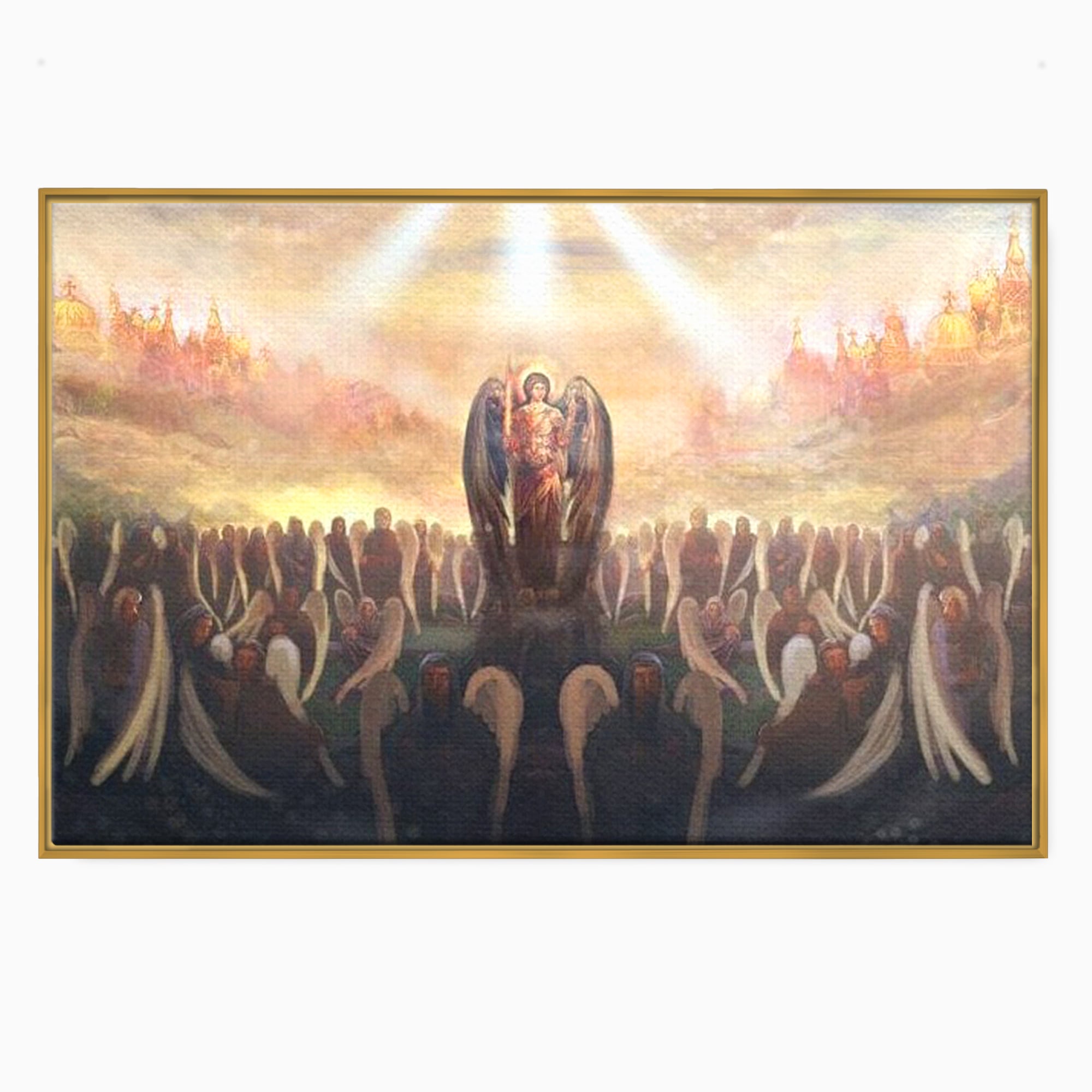 Tablou canvas cu pictura religioasa cu oastea cereasca si ingeri, in rama de aluminiu auriu