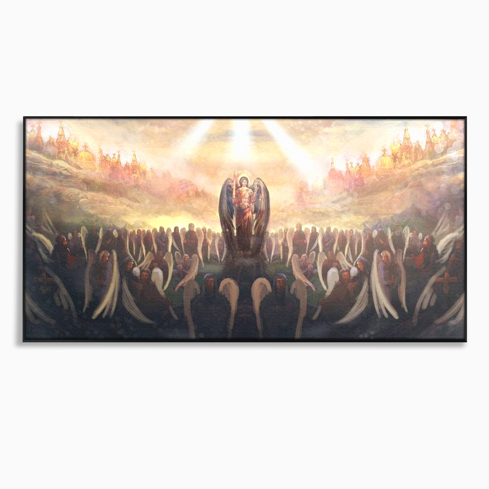 Tablou canvas cu pictura religioasa cu oastea cereasca si ingeri, in rama de aluminiu negru