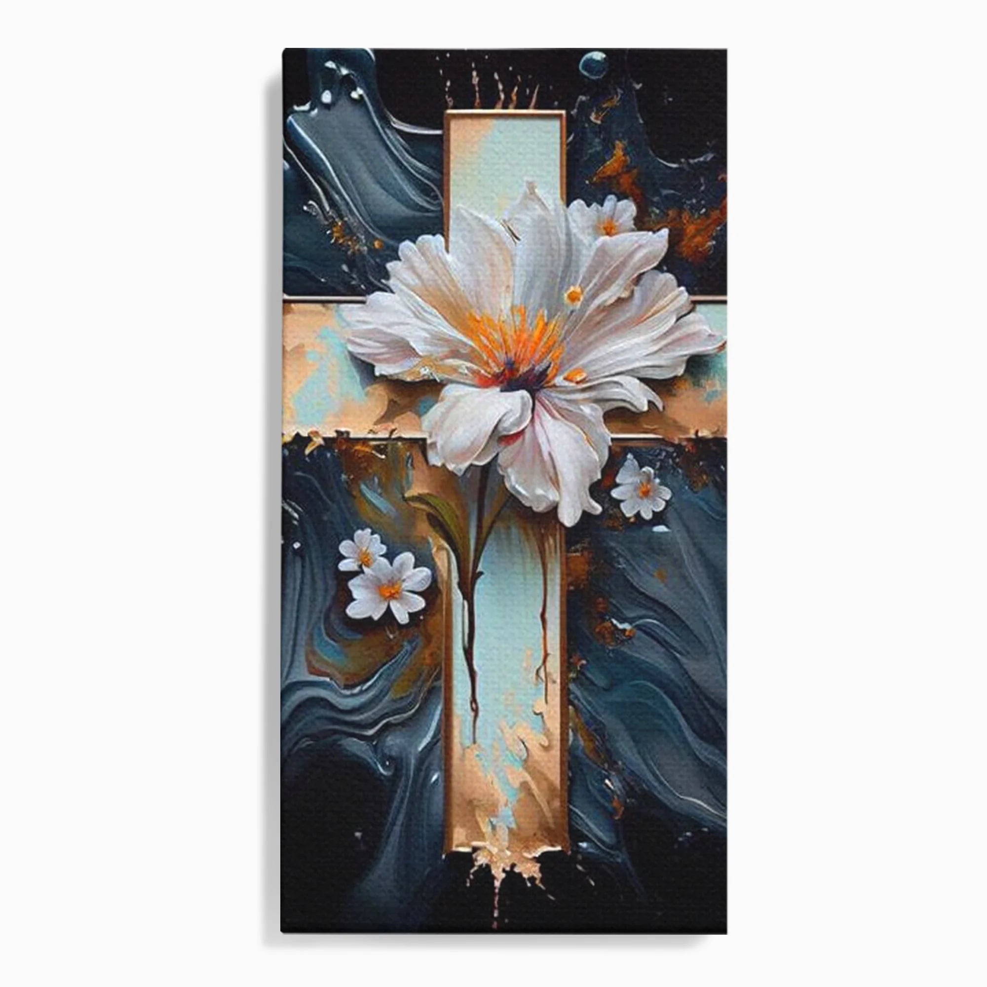 Tablou canvas cu tablou pictura cu cruce si flori albe, fara rama, pe sasiu de lemn