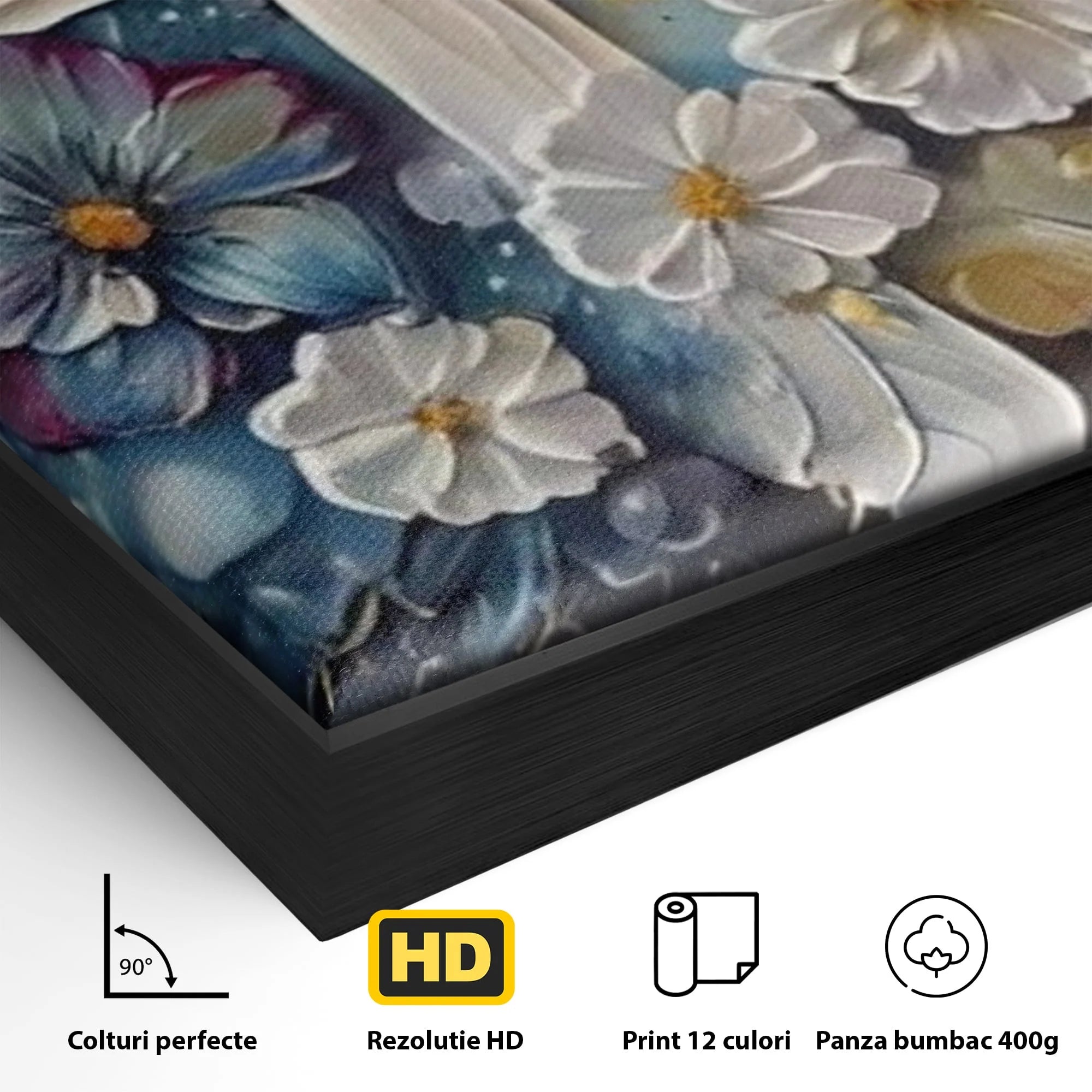 Detaliu al suprafetei: pictura canvas cu cruce si flori, in rama de aluminiu negru