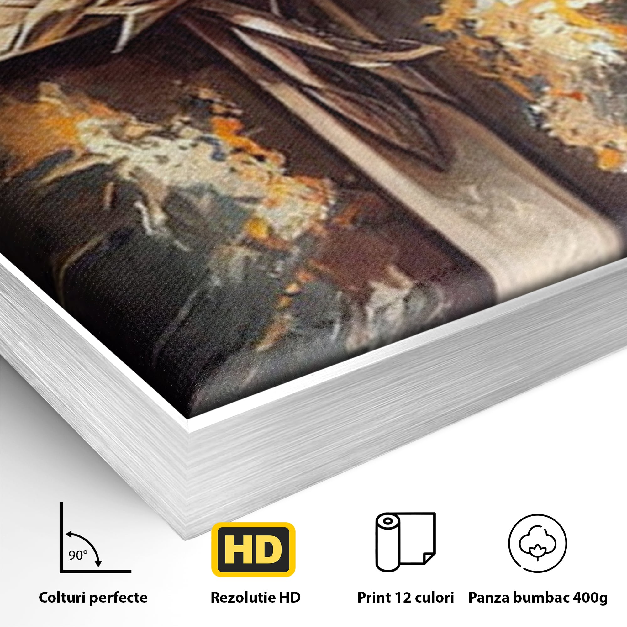 Detaliu al suprafetei: tablou canvas cu o cruce si coroana de spini, in rama de aluminiu argintiu