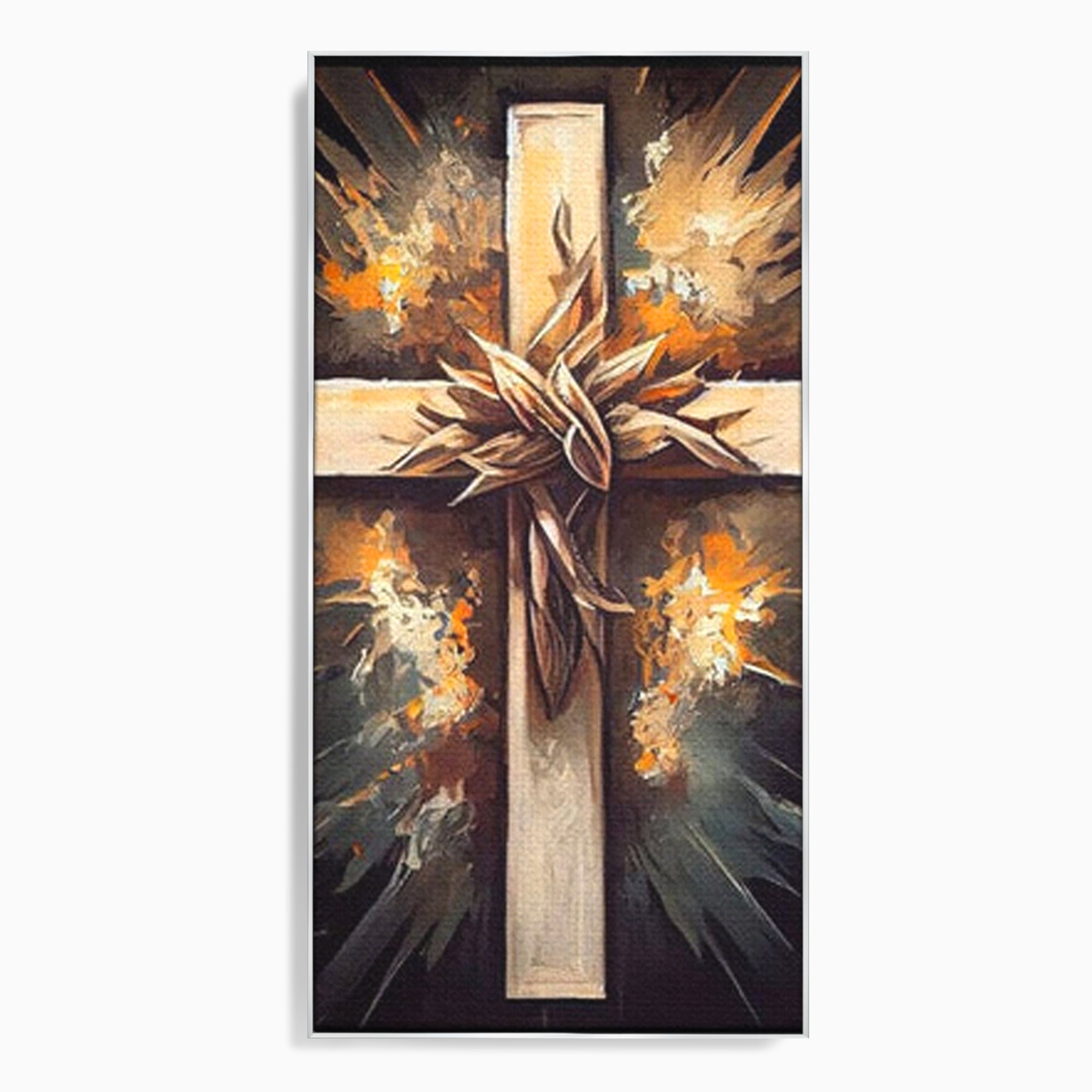 Tablou canvas cu tablou canvas cu o cruce si coroana de spini, in rama de aluminiu argintiu