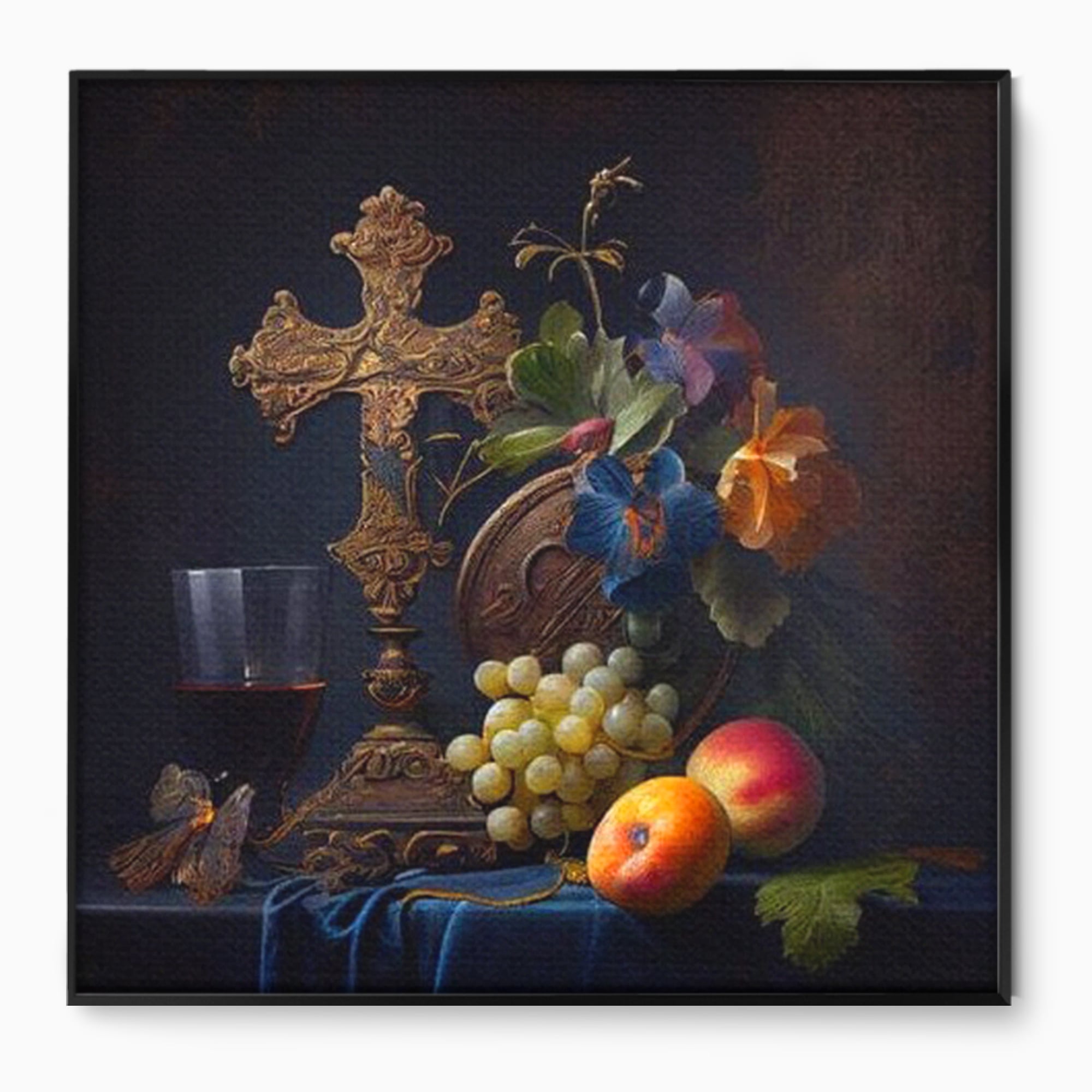 Tablou canvas cu natura statica religioasa cu cruce si fructe, in rama de aluminiu negru