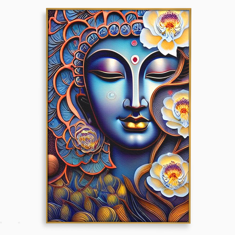Tablou canvas cu tablou canvas cu portretul lui buddha, in rama de aluminiu auriu