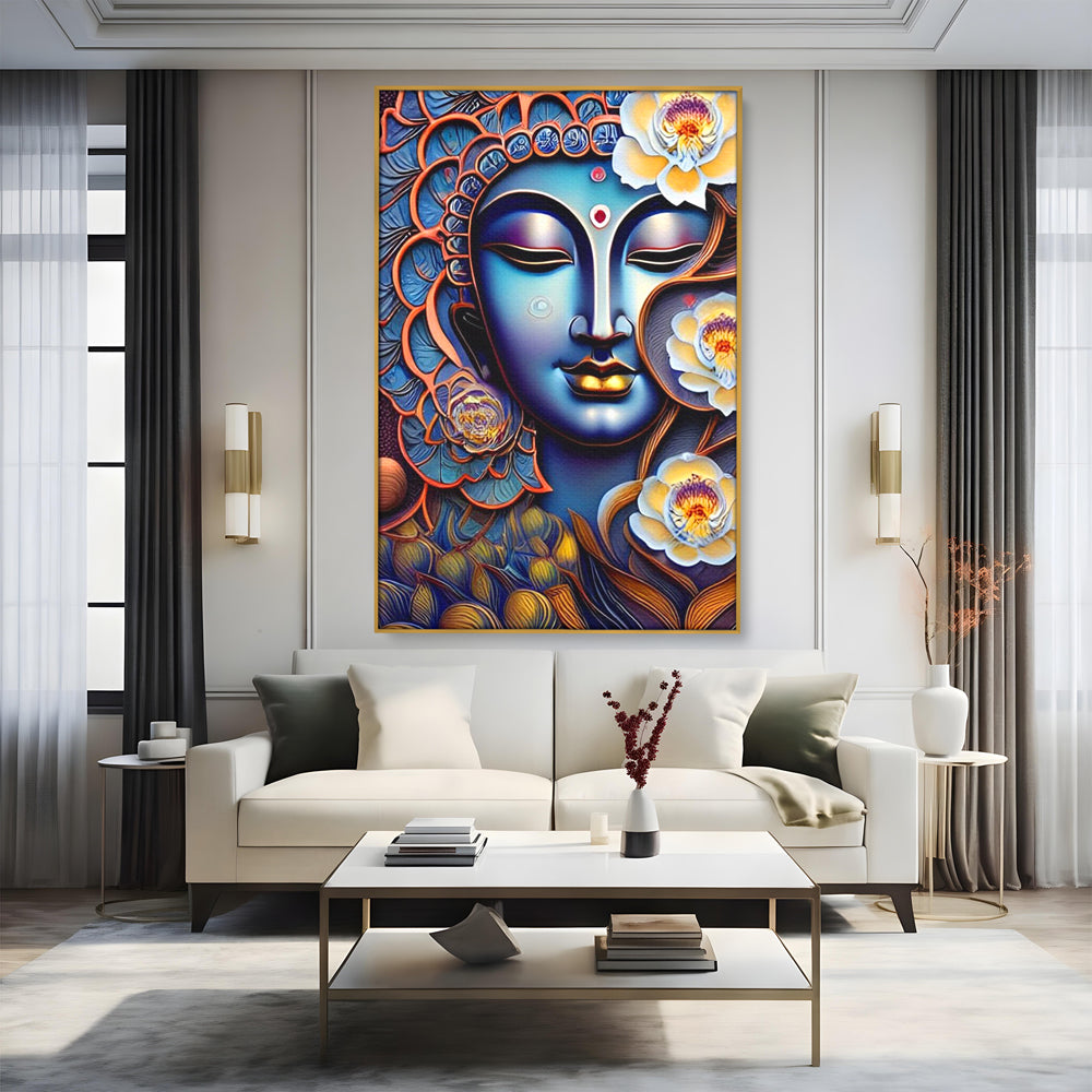 Tablou canvas cu tablou canvas cu portretul lui buddha, in rama de aluminiu auriu, pe perete intr-un living