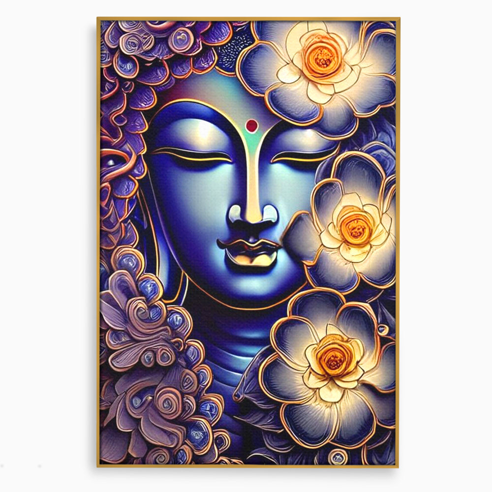 Tablou canvas cu tablou canvas cu portretul lui buddha, in rama de aluminiu auriu
