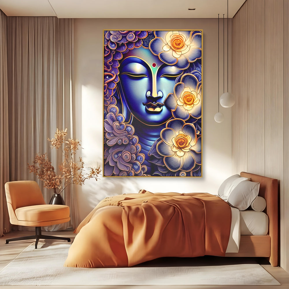 Tablou canvas cu tablou canvas cu portretul lui buddha, in rama de aluminiu auriu, pe perete intr-un dormitor
