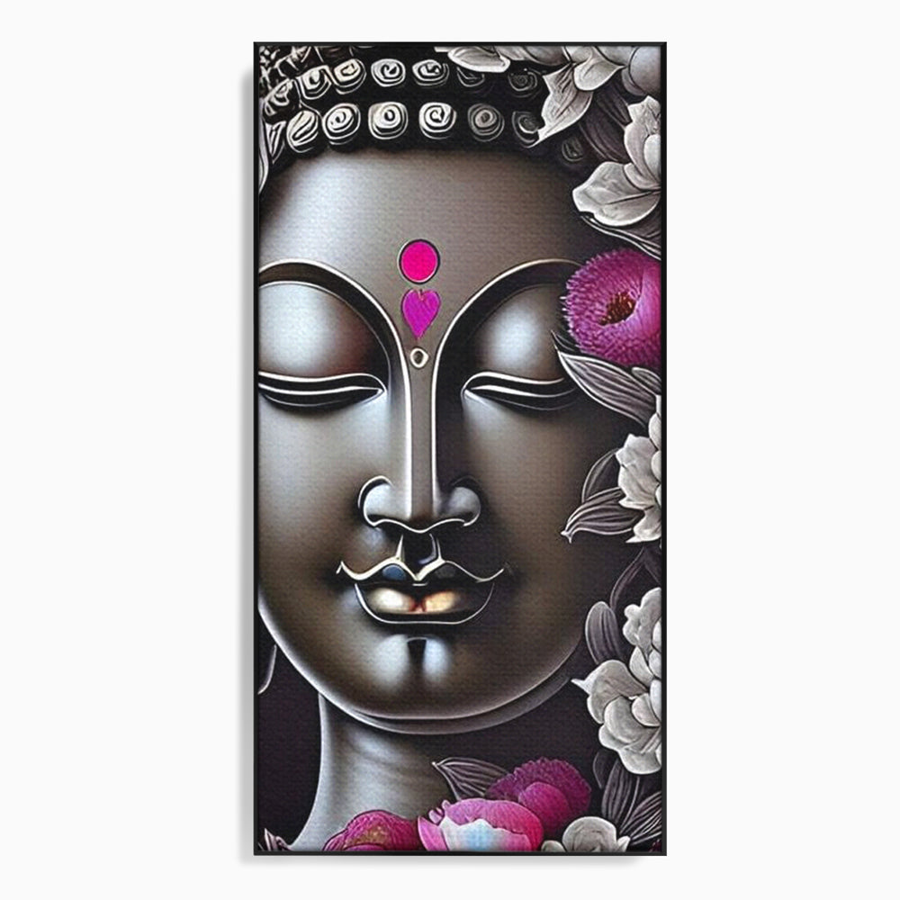 Tablou canvas cu tablou canvas cu chipul lui buddha si flori, in rama de aluminiu negru