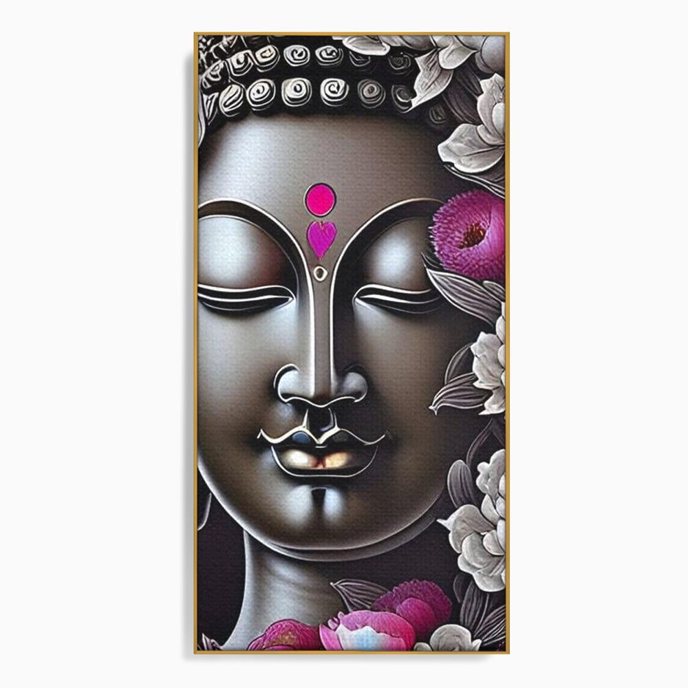 Tablou canvas cu tablou canvas cu chipul lui buddha si flori, in rama de aluminiu auriu
