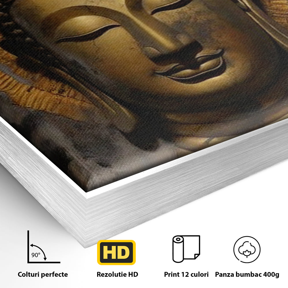 Detaliu al suprafetei: tablou canvas cu capul lui buddha, in rama de aluminiu argintiu