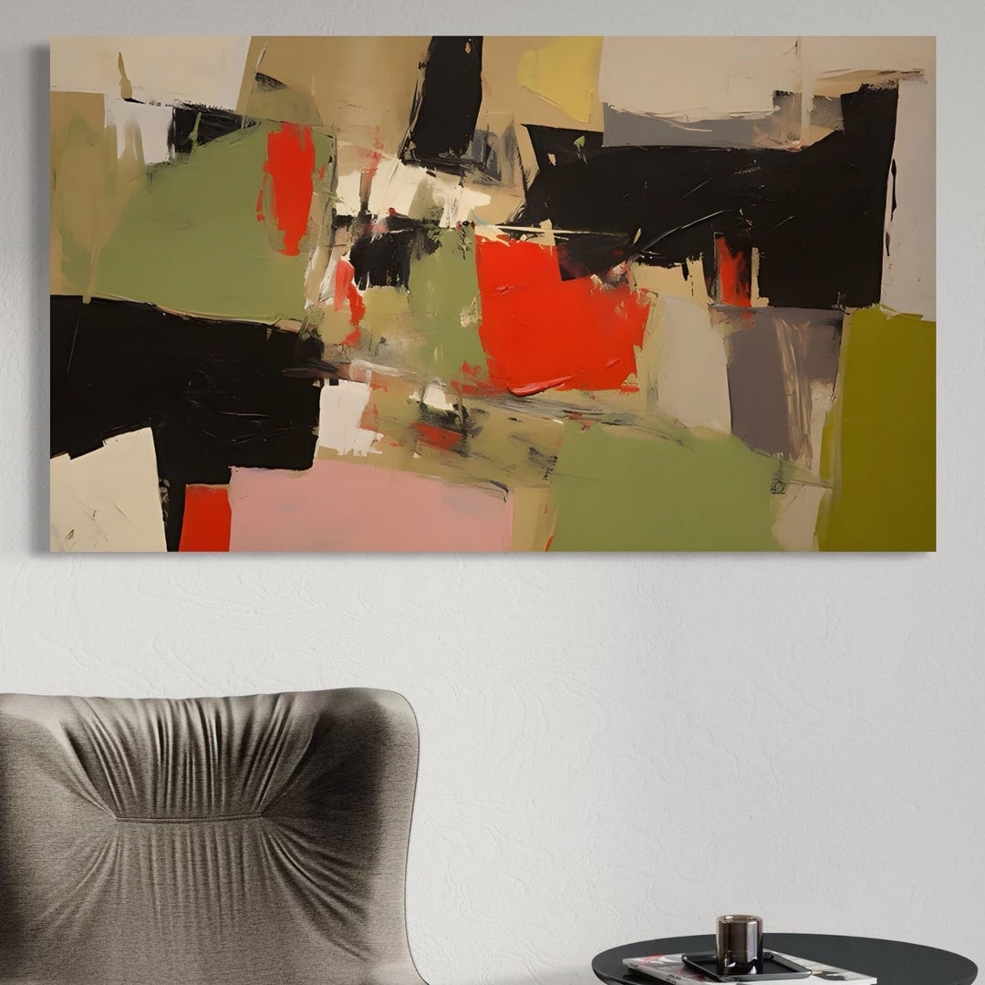 Tablou canvas cu pictura abstracta cu pete rosu si verde