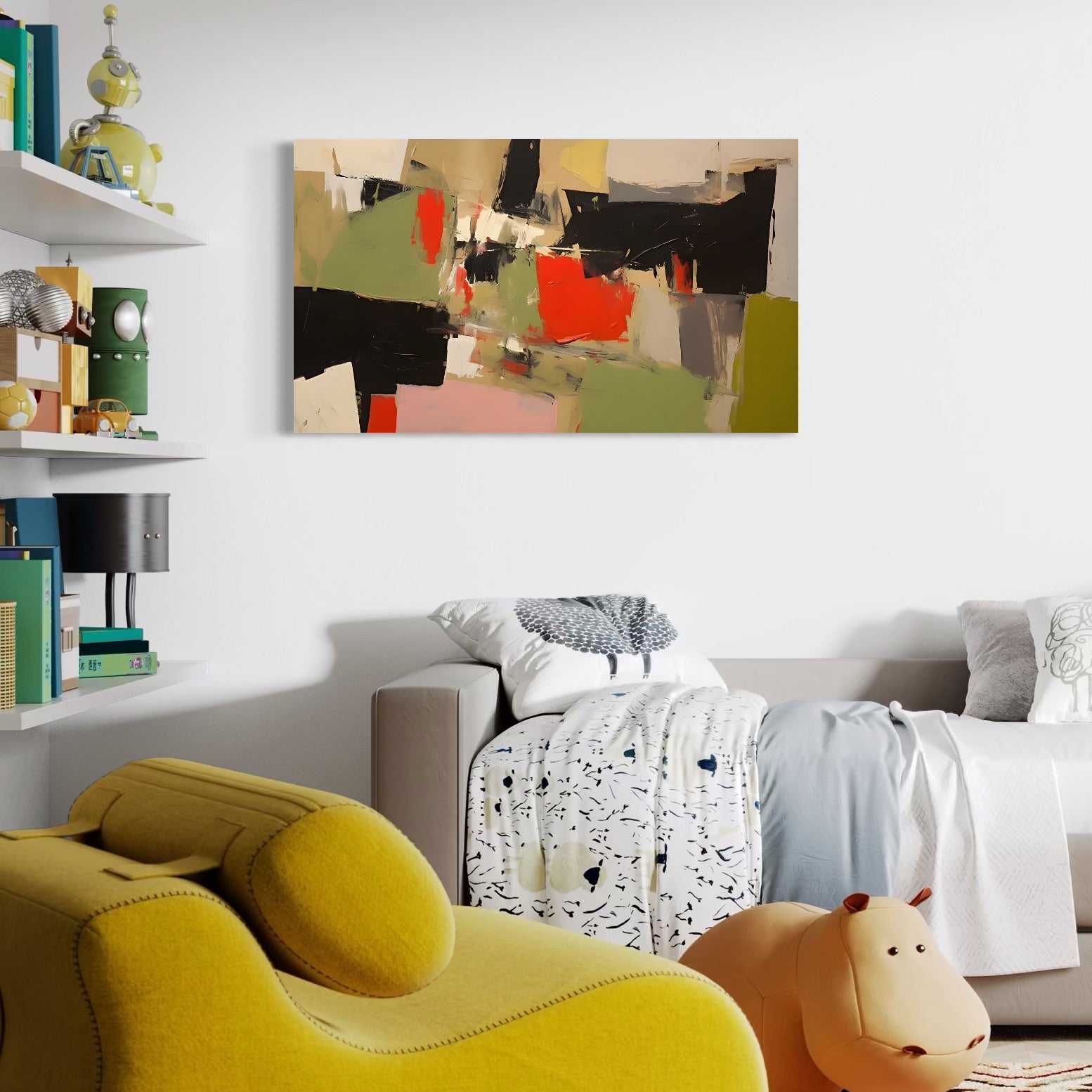 Tablou canvas decorativ cu pictura abstracta cu pete rosu si verde