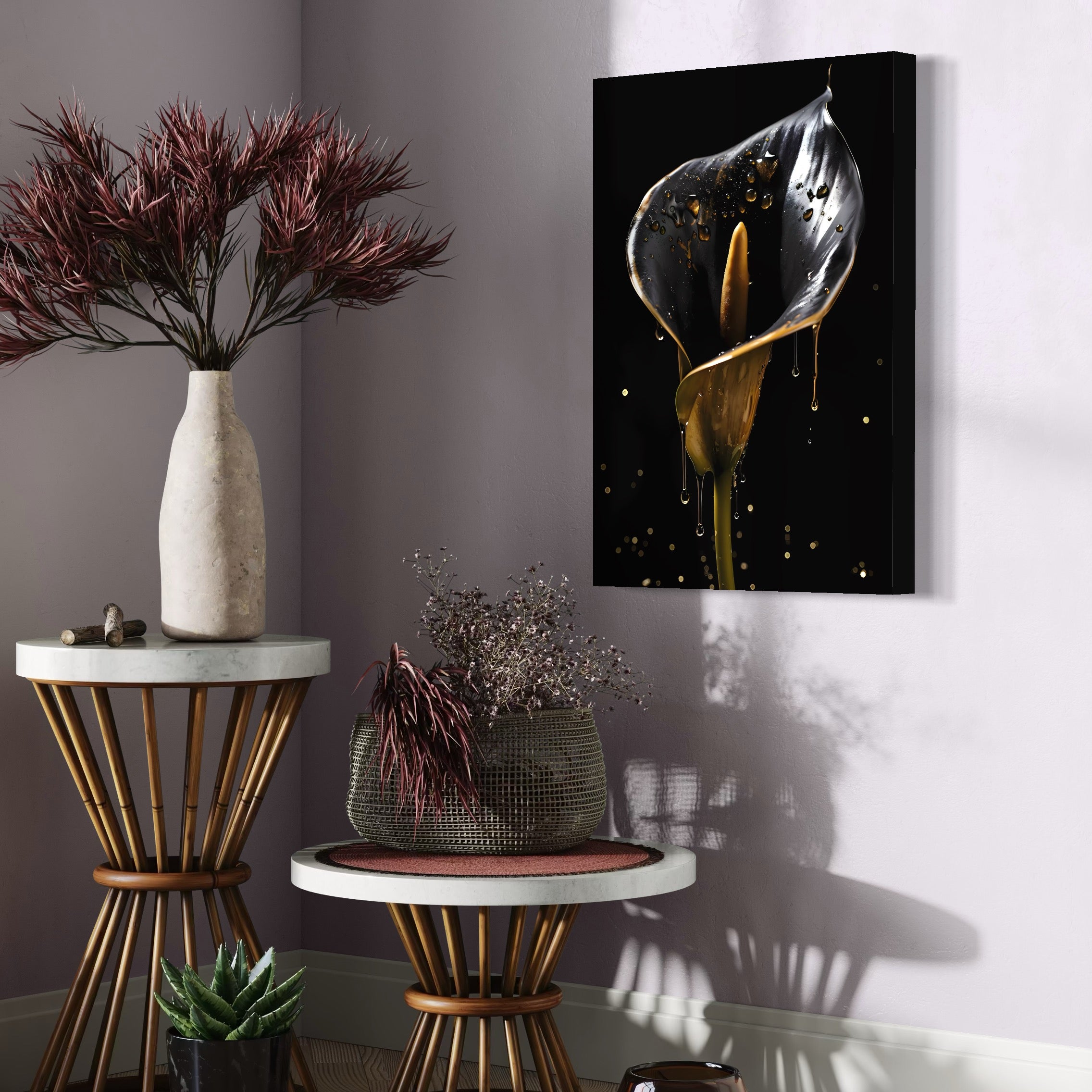 Tablou canvas cu tablou canvas cu floare de crin si picaturi aurii