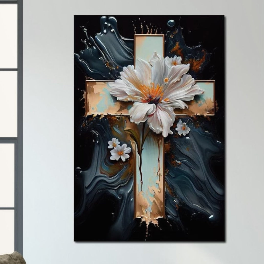 Tablou canvas cu tablou canvas cu o cruce si flori albe