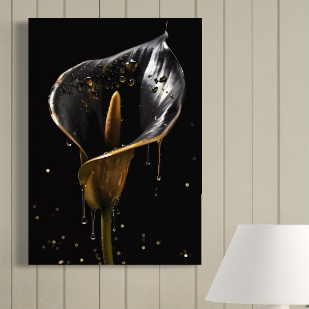 Tablou canvas cu tablou canvas cu floare de crin si picaturi aurii