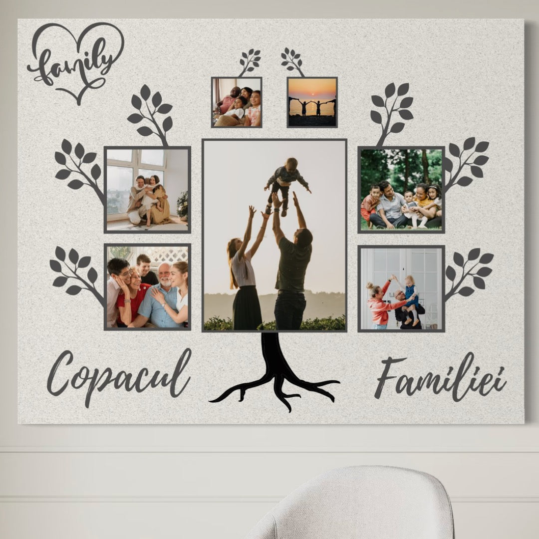 Tablou Canvas cu Arbore Genealogic si Fotografii, Gri si Alb, PS113