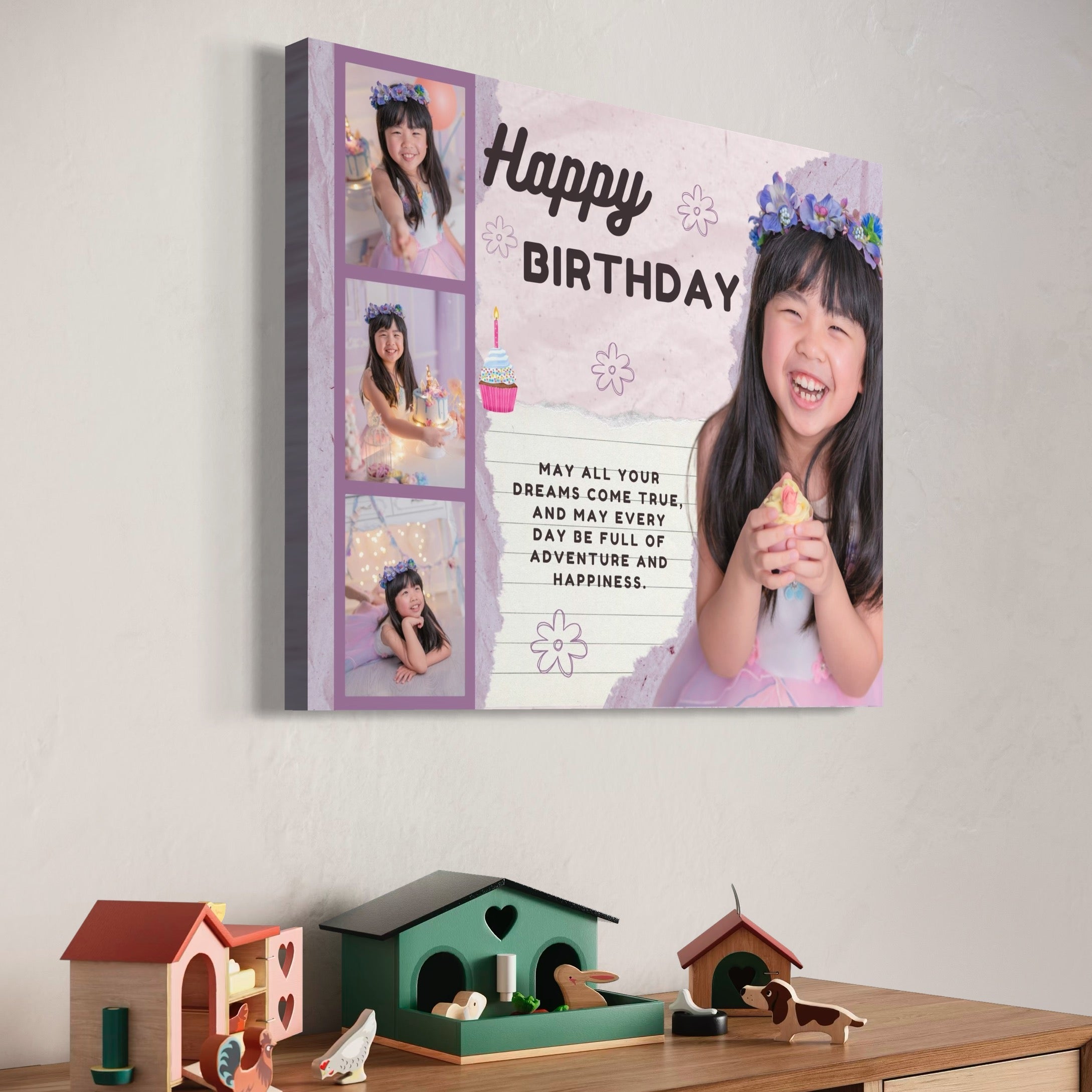 Imagine cu tablou personalizat aniversare fetita cu poze, tiparita pe panza canvas