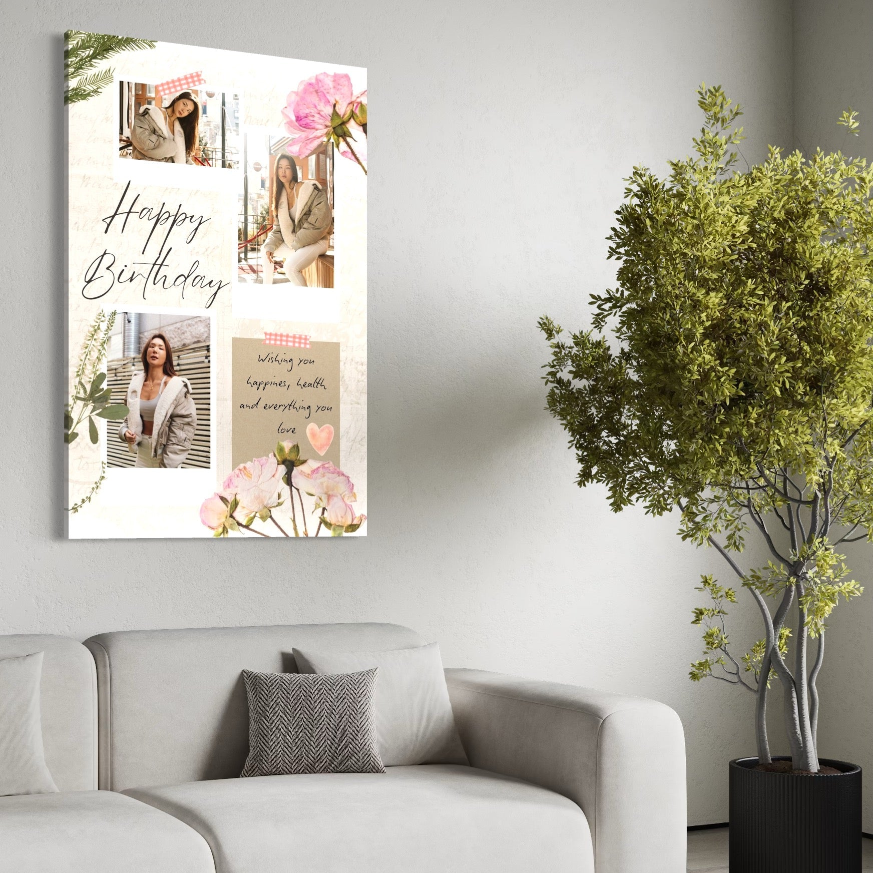 Imagine cu tablou canvas personalizat cu fotografii si flori, tiparita pe panza canvas
