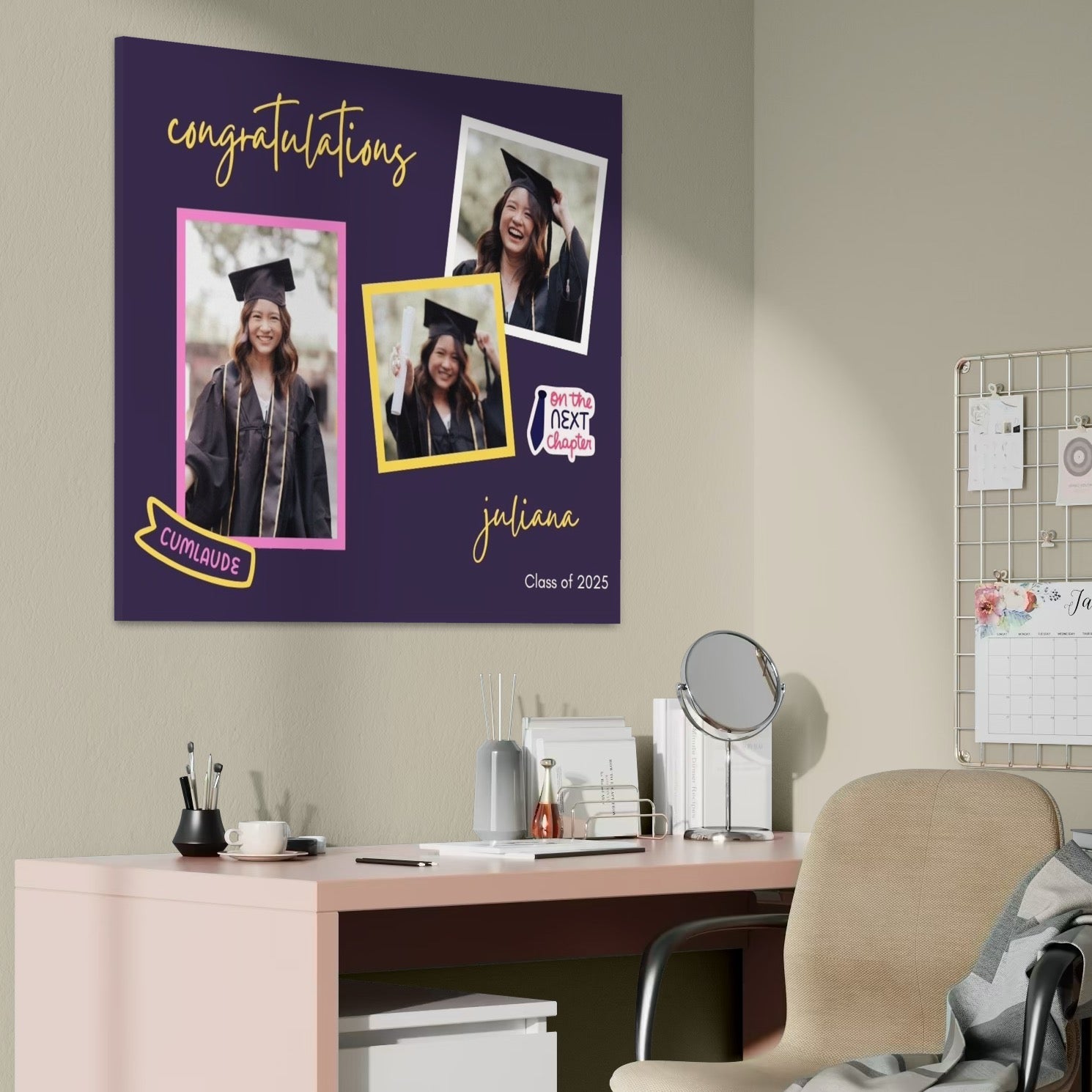Imagine cu tablou personalizat pentru absolvire cu trei fotografii, tiparita pe panza canvas