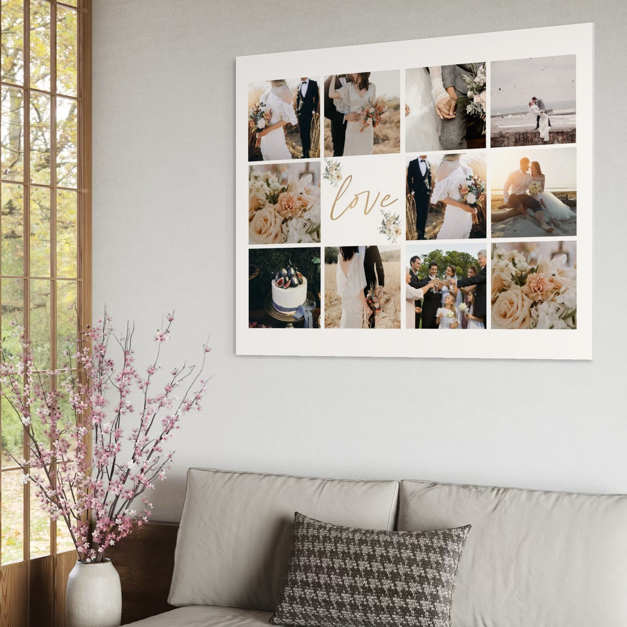 Colaj foto nunta cu flori si oameni, tablou canvas pentru perete