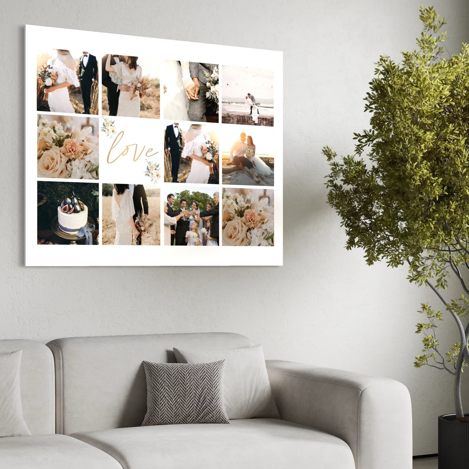 Imagine cu colaj foto nunta cu flori si oameni, tiparita pe panza canvas